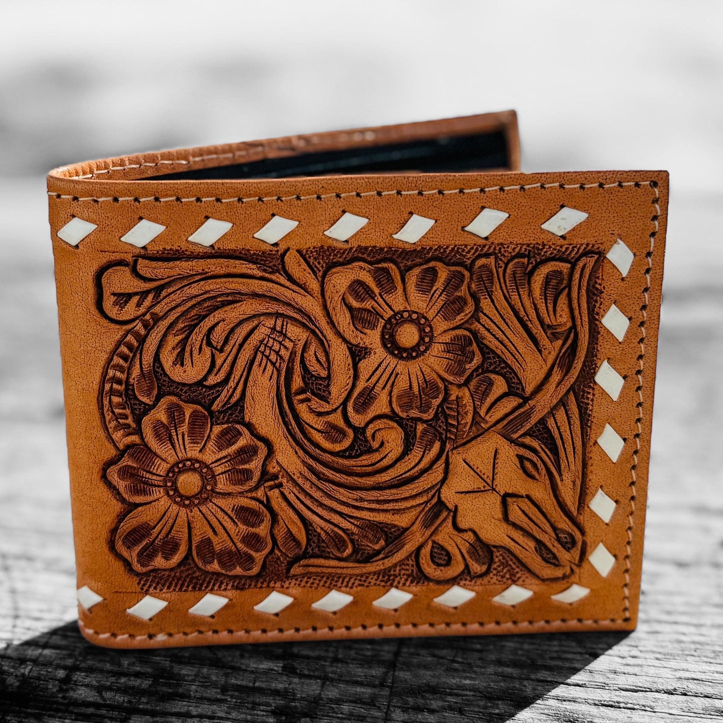 Men’s Western bi-fold wallet tooled floral Cow Skull Aces Cards details by Double B Wild Rags