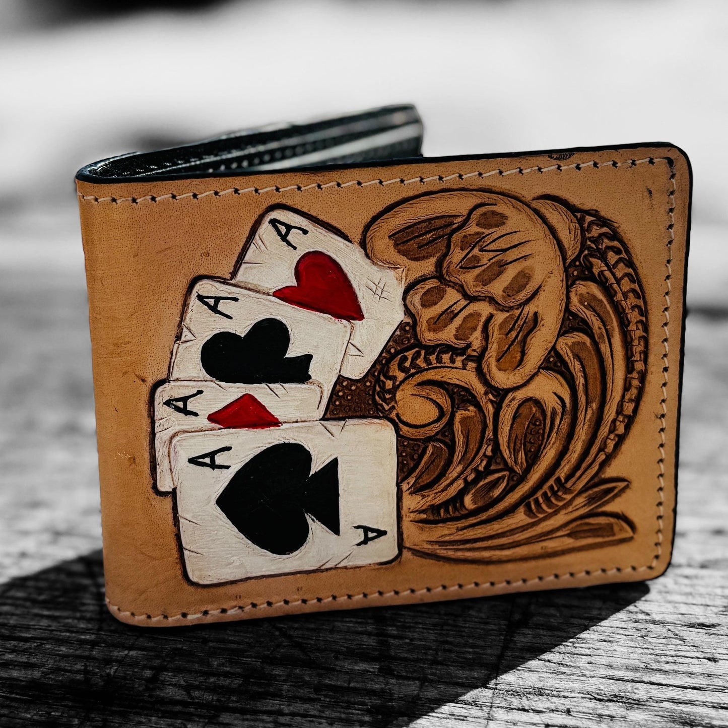 Men’s Western bi-fold wallet tooled floral Cow Skull Aces Cards details by Double B Wild Rags