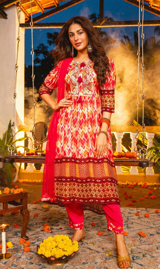 Chiffon long kurti set | three piece salwar suit