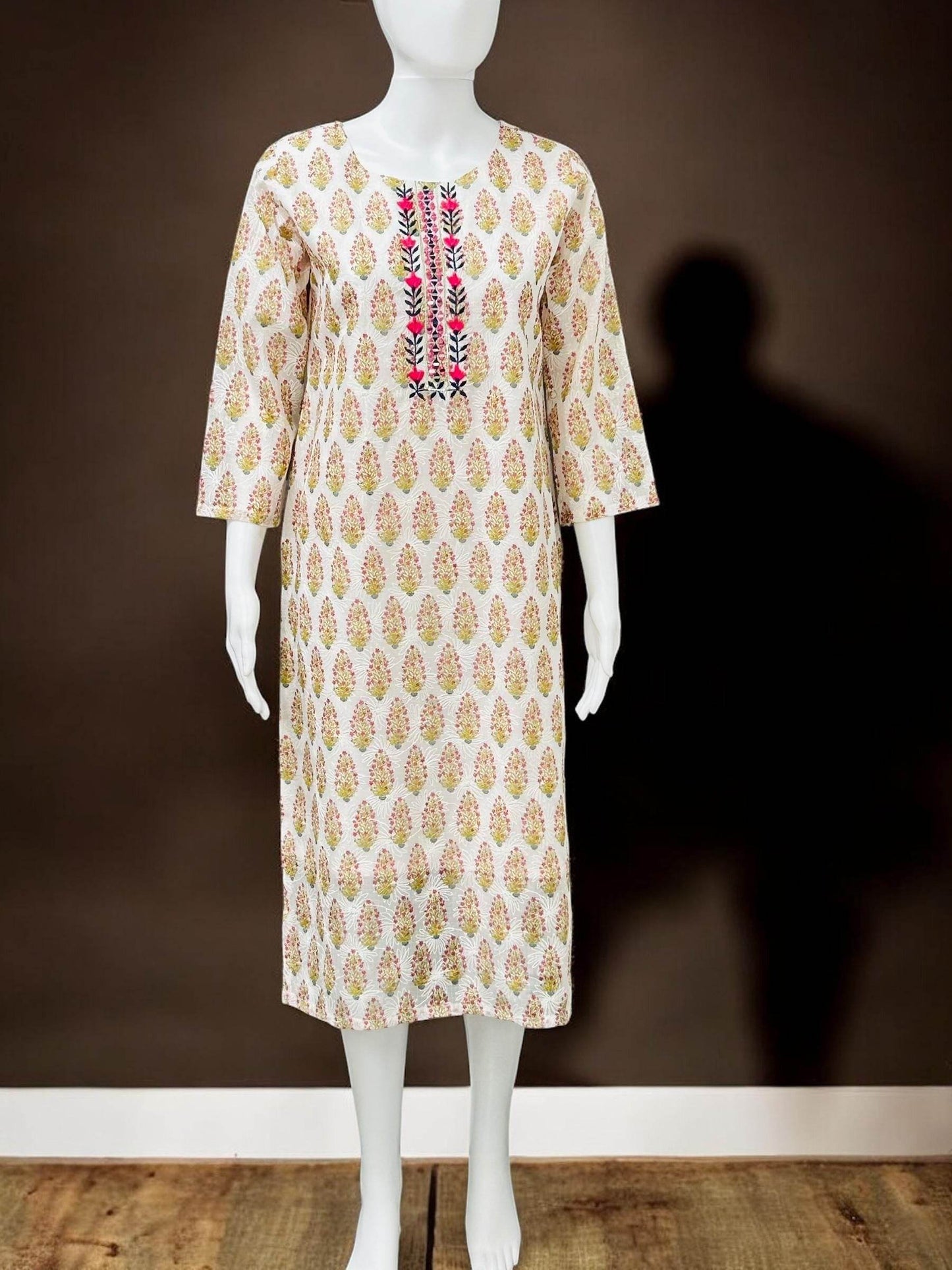 Chikankari cotton Kurti with block print