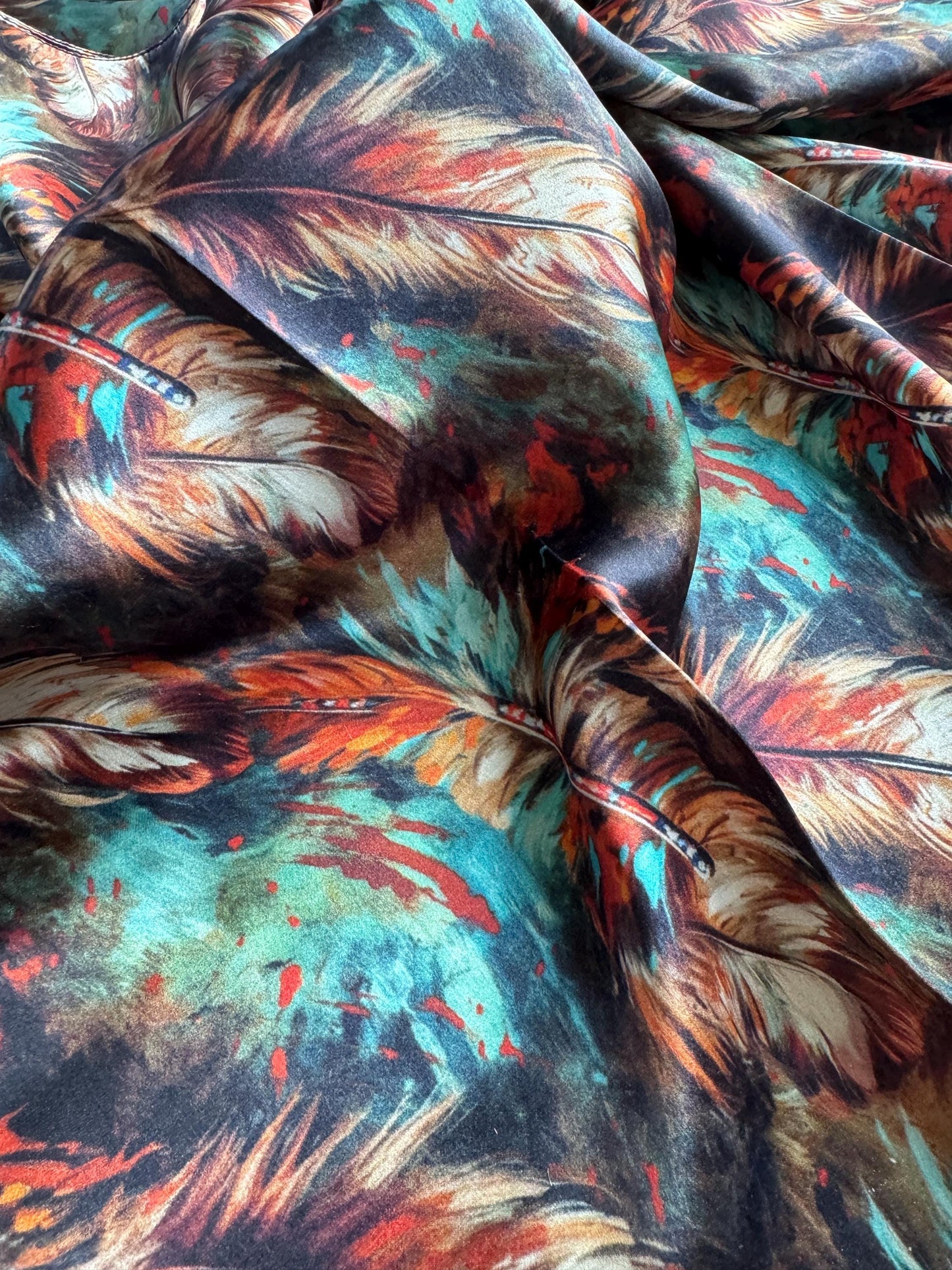 100% Silk Wild Rag Deep Rust Brown and Teal Feathers by Double B Wild Rags