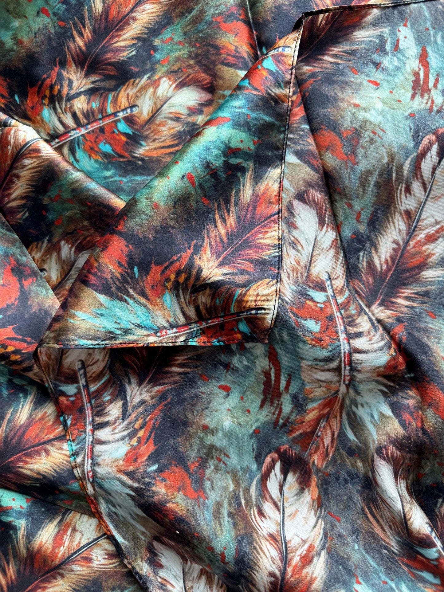 100% Silk Wild Rag Deep Rust Brown and Teal Feathers by Double B Wild Rags