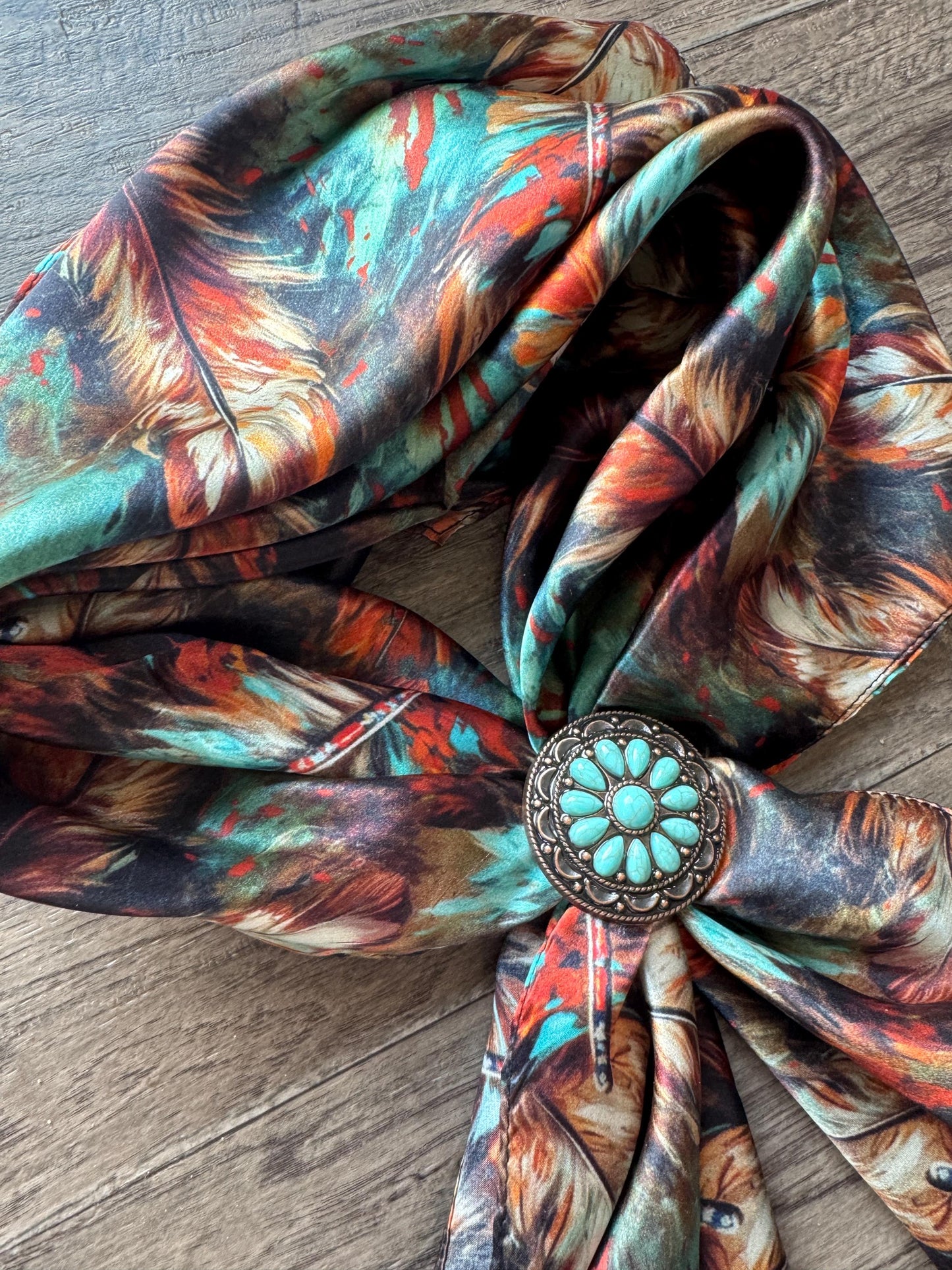 100% Silk Wild Rag Deep Rust Brown and Teal Feathers by Double B Wild Rags