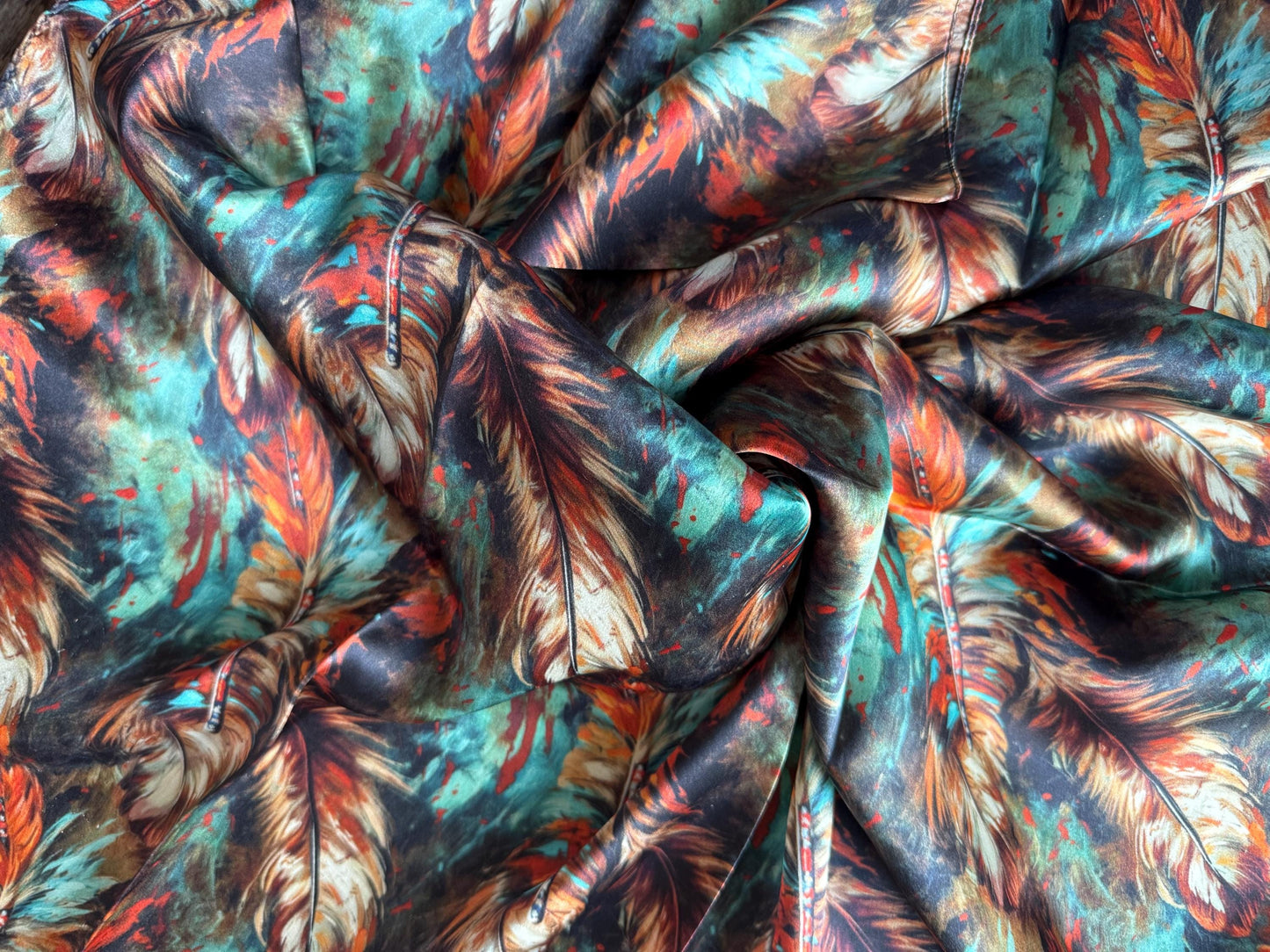 100% Silk Wild Rag Deep Rust Brown and Teal Feathers by Double B Wild Rags