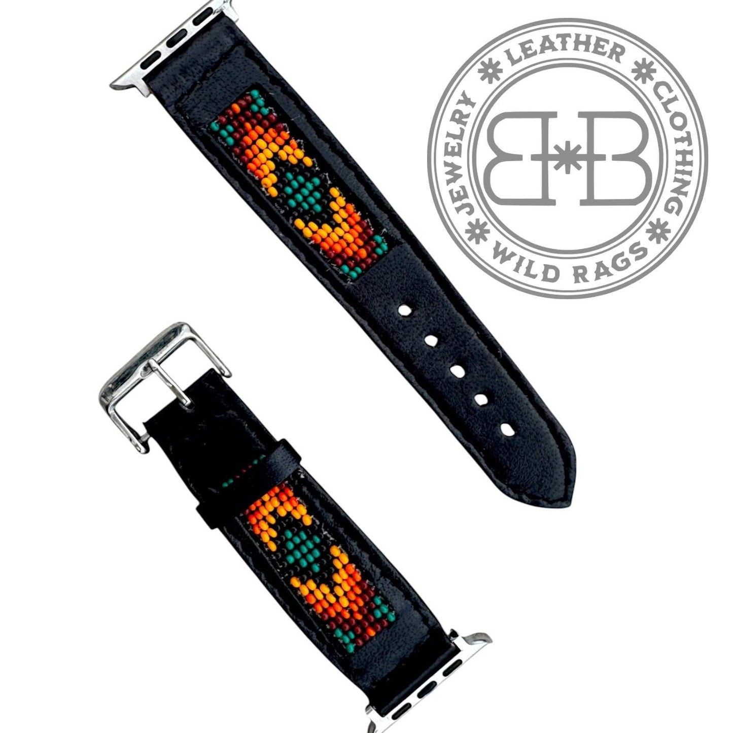 Western Native Seed Bead Leather Apple Watch Band by Double B Wild Rags Fits 42mm 44mm 45mm