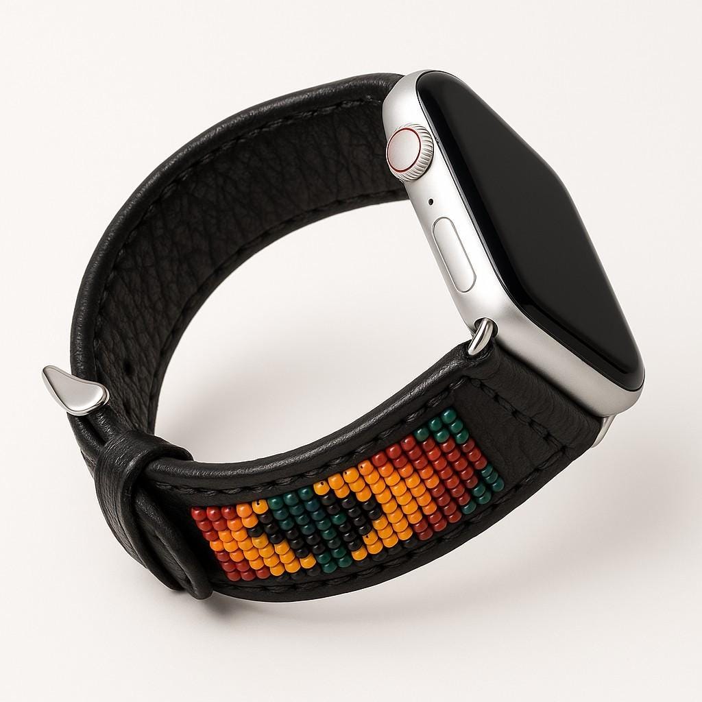 Western Native Seed Bead Leather Apple Watch Band by Double B Wild Rags Fits 42mm 44mm 45mm