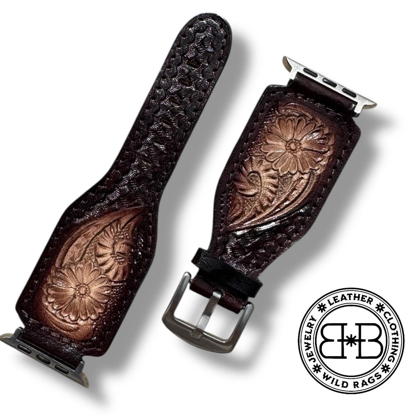 Men’s Western Tooled Leather Watch Band by Double B Wild Rags Fits 42mm 44mm 45mm