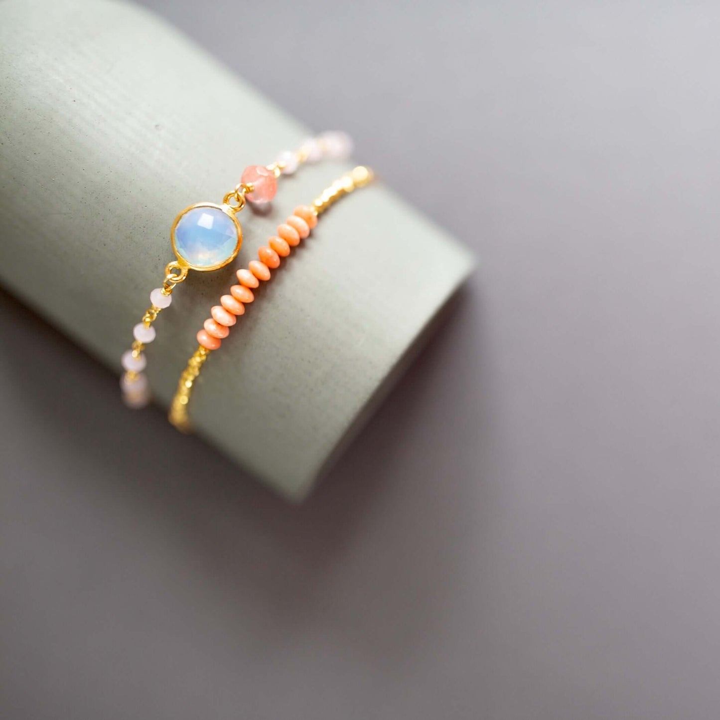 Bracelet Set: Opal Quartz & Pink Coral Stones