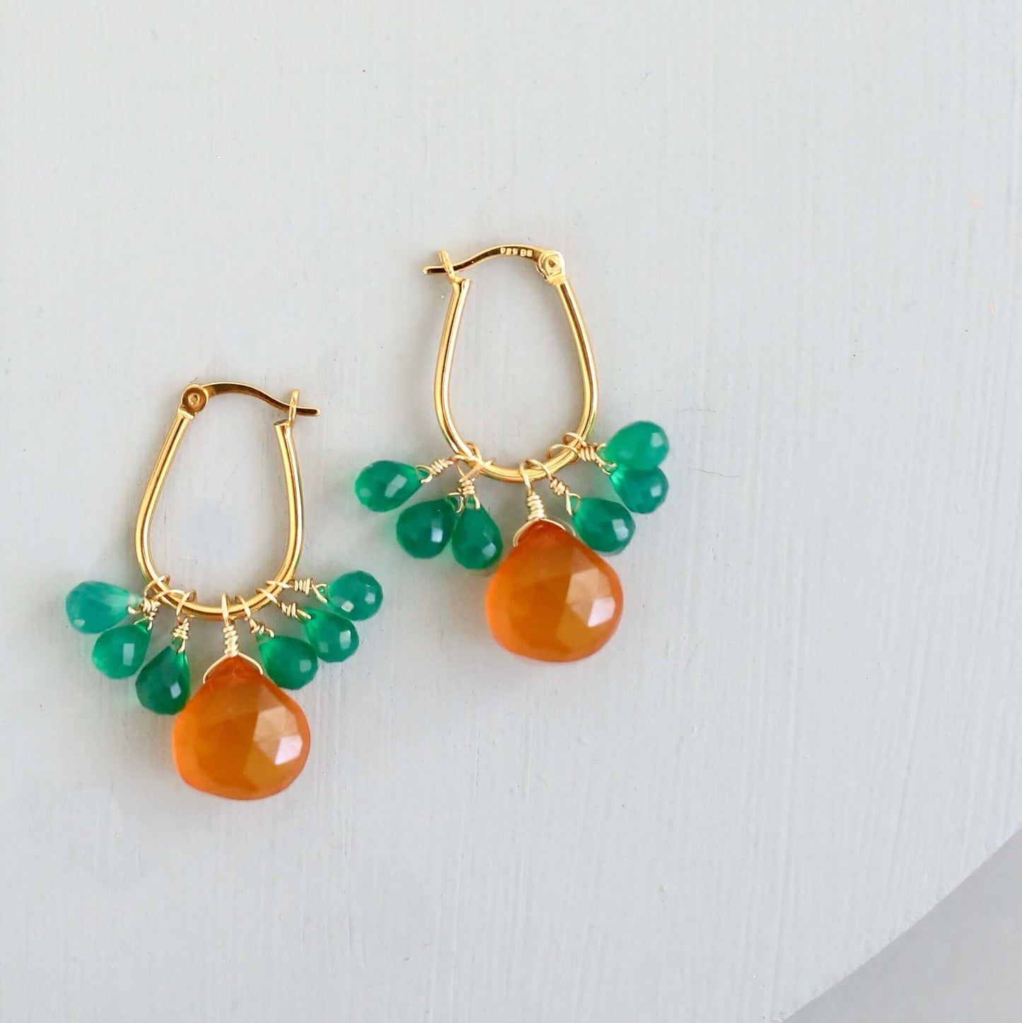 Dark Orange Chalcedony & Green Onyx Gold Earrings