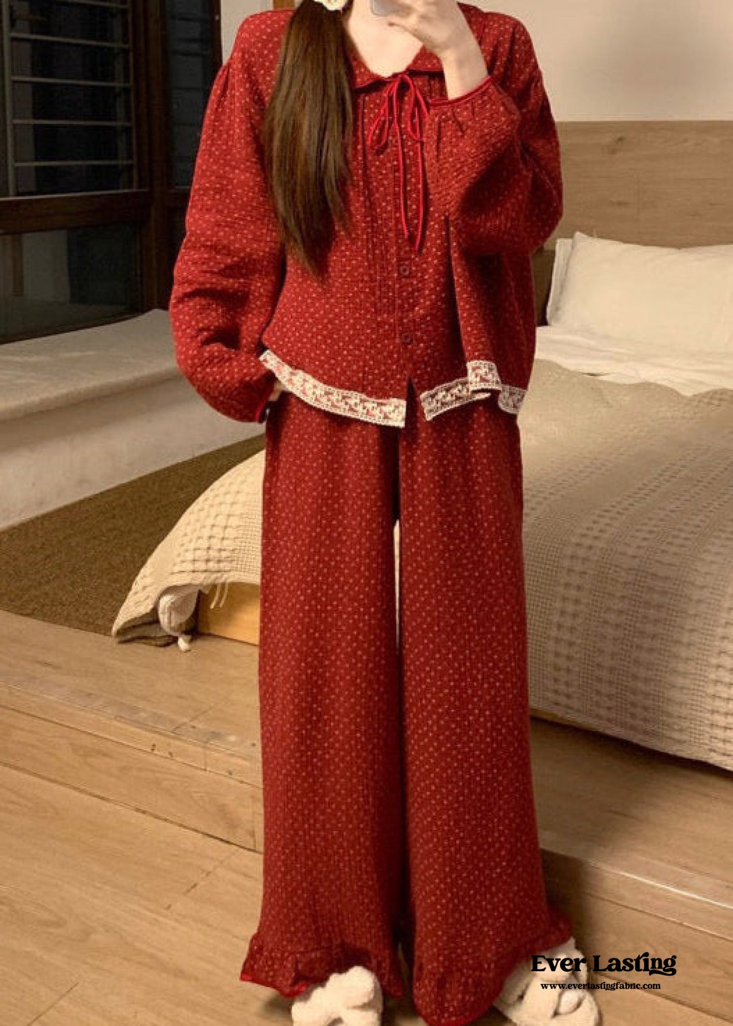 Ivy Red Floral Ruffled Pajama Set / Pullover