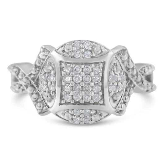 .925 Sterling Silver 1/3 Cttw Diamond Square-in-Circle Composite Cluster Ribbon Shank Fashion or Cocktail Ring (I-J Color, I3 Clarity) - Concordia Style Boutique