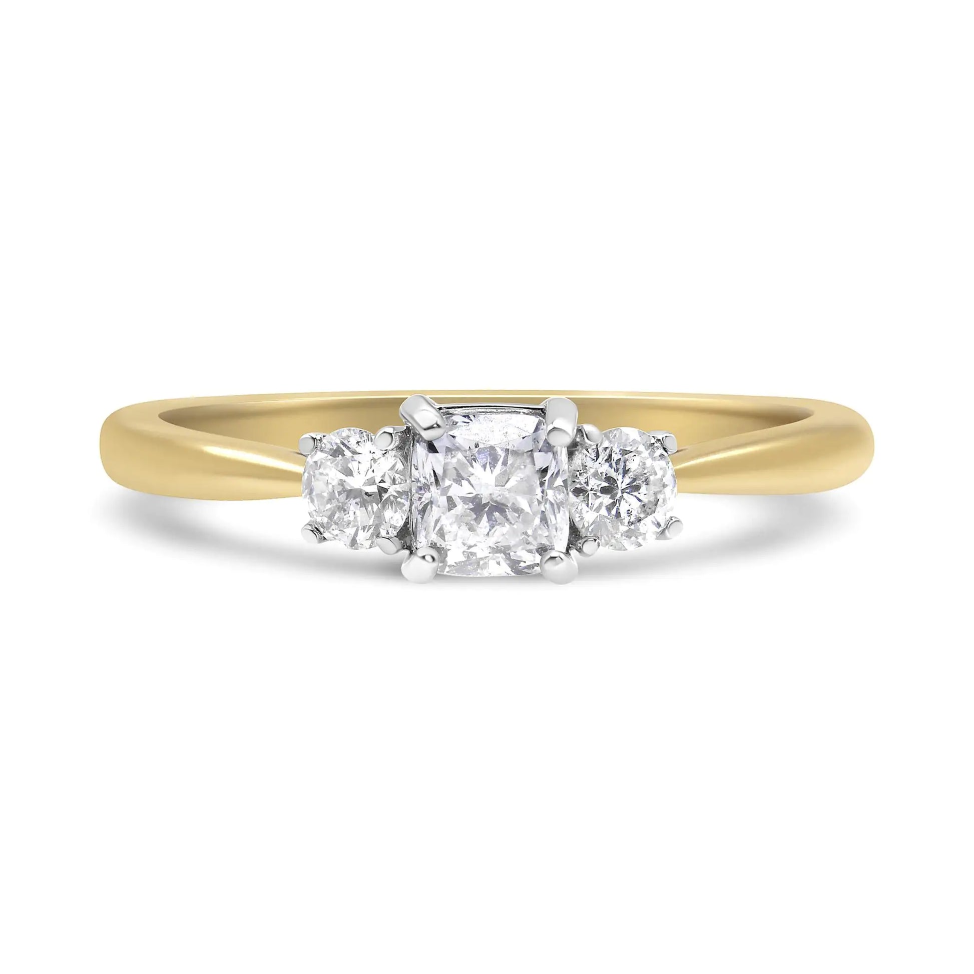 *SOLD OUT* 14K Yellow Gold 3/4 Cttw Cushion and Round-Cut Diamond Bostonian Style 3 Stone Engagement Ring (I-J Color, SI2-I1 Clarity) - Concordia Style Boutique