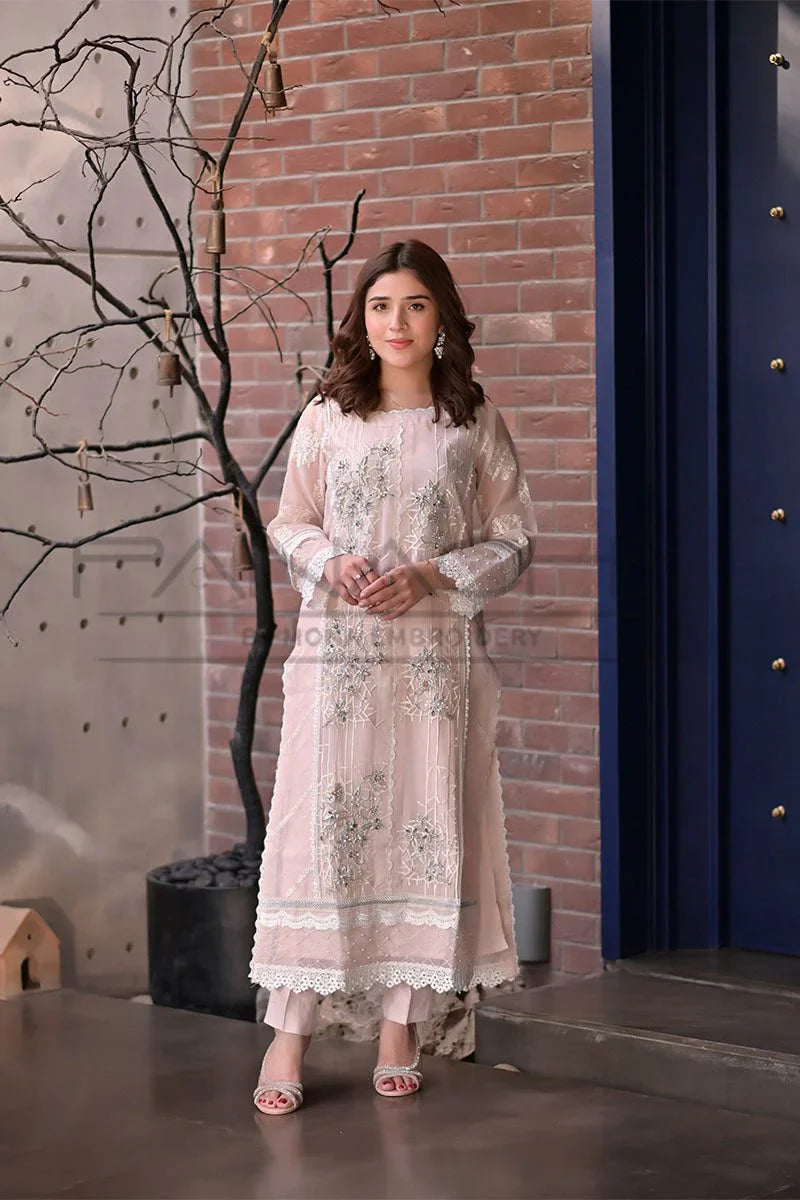 Panache - K-214 Pink 3 Piece Embroidered Khaddi Net Suit