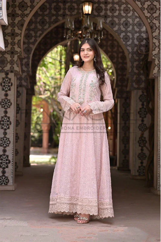 Panache - K-216 Pink 3 Piece Embroidered Chiffon Suit
