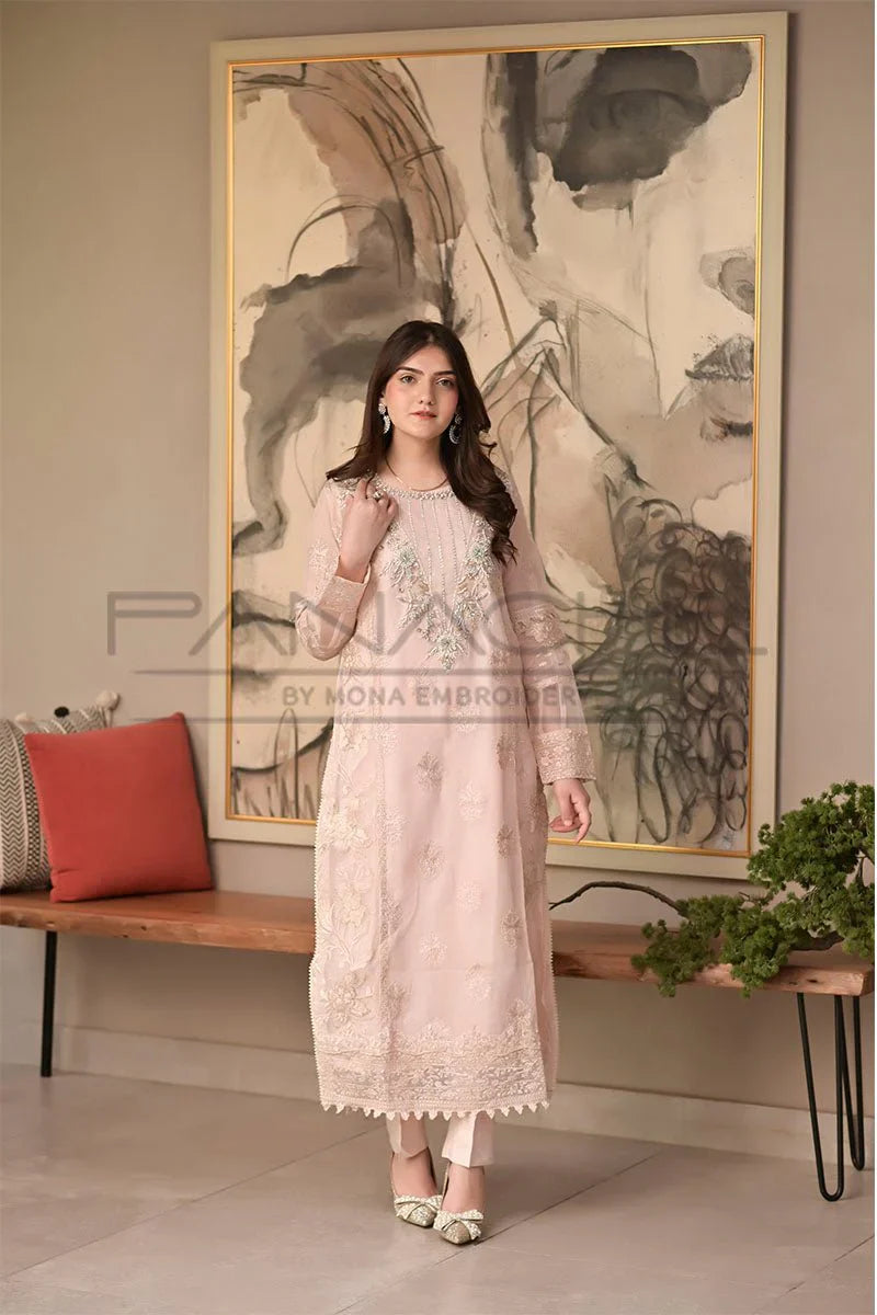 Panache - K-217 Pink 3 Piece Embroidered Khaddi Net Suit