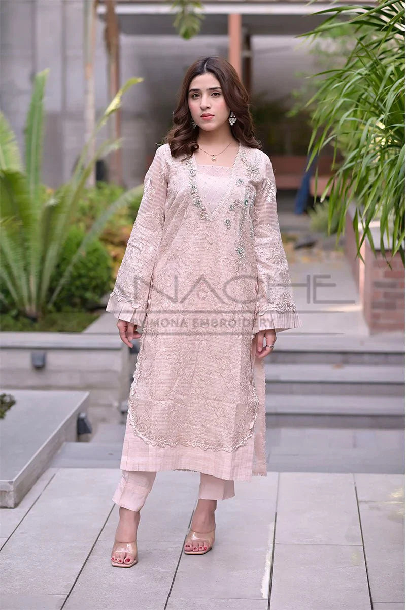 Panache - K-226 Pink 3 Piece Embroidered Khaddi Net Suit