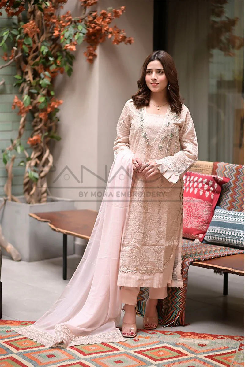 Panache - K-226 Pink 3 Piece Embroidered Khaddi Net Suit