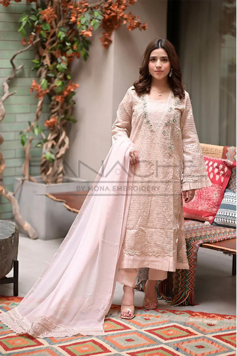 Panache - K-226 Pink 3 Piece Embroidered Khaddi Net Suit