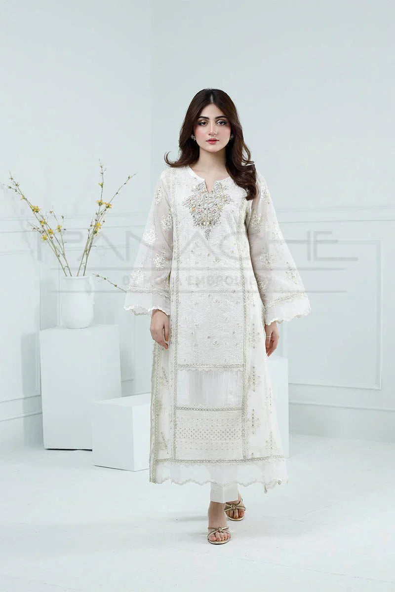 Panache - K-228 Ivory Marage 3 Piece Embroidered Khaddi Net Suit