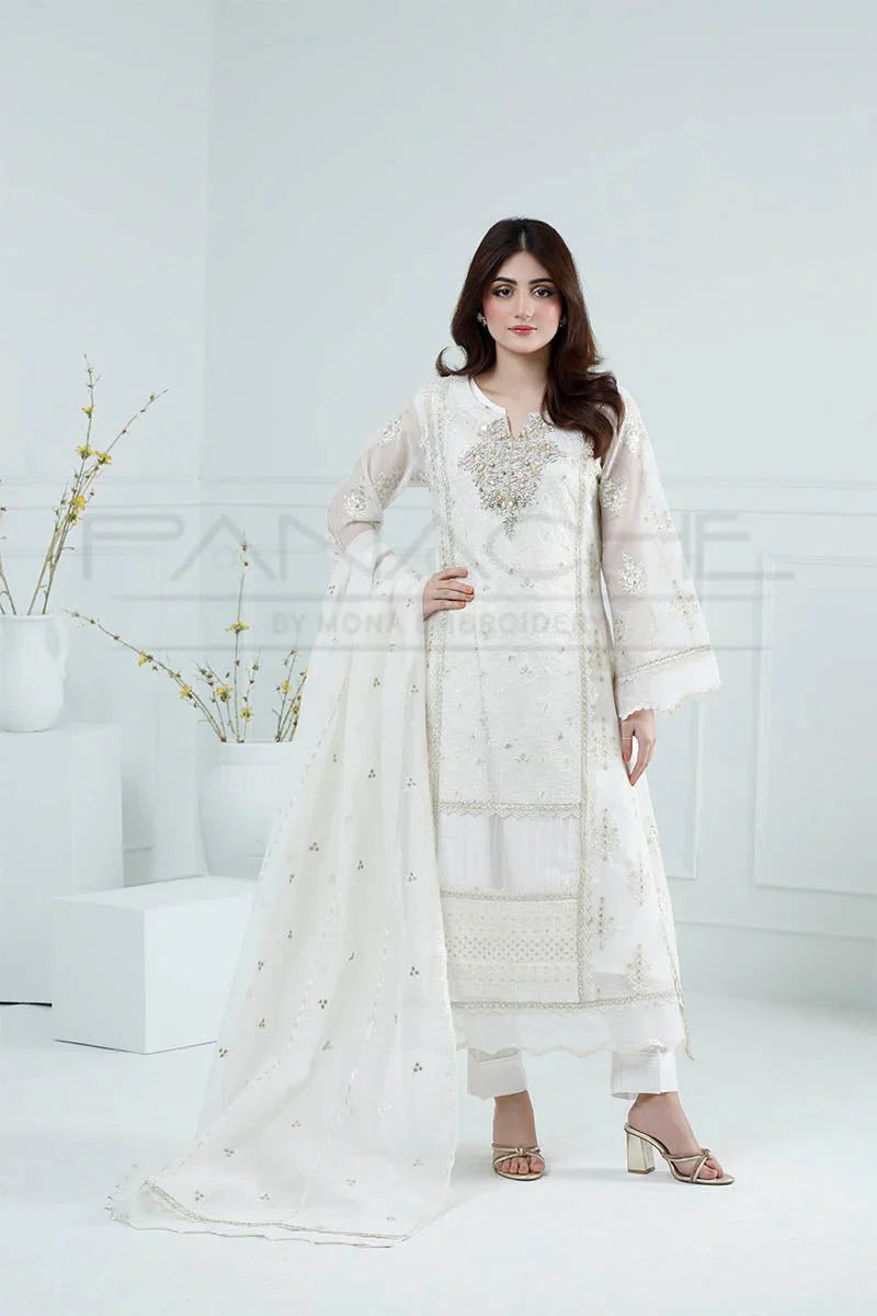 Panache - K-228 Ivory Marage 3 Piece Embroidered Khaddi Net Suit
