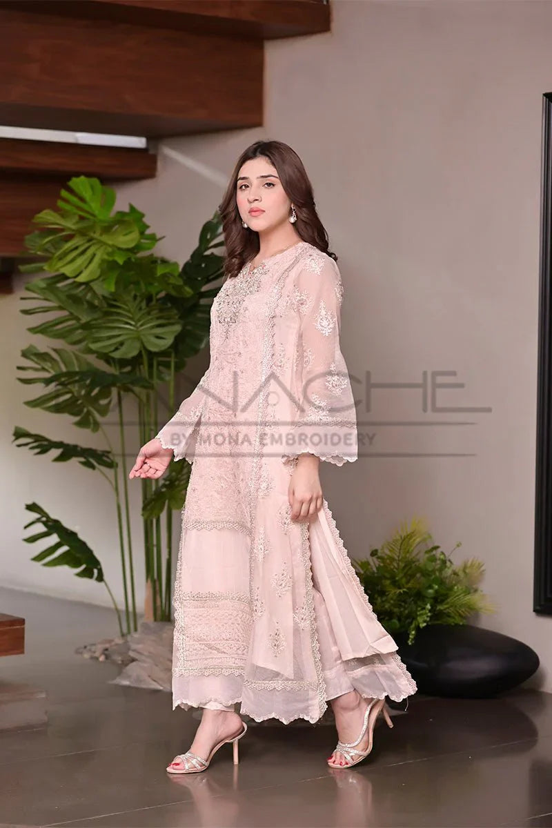 Panache - K-228 Pink 3 Piece Embroidered Khaddi Net Suit