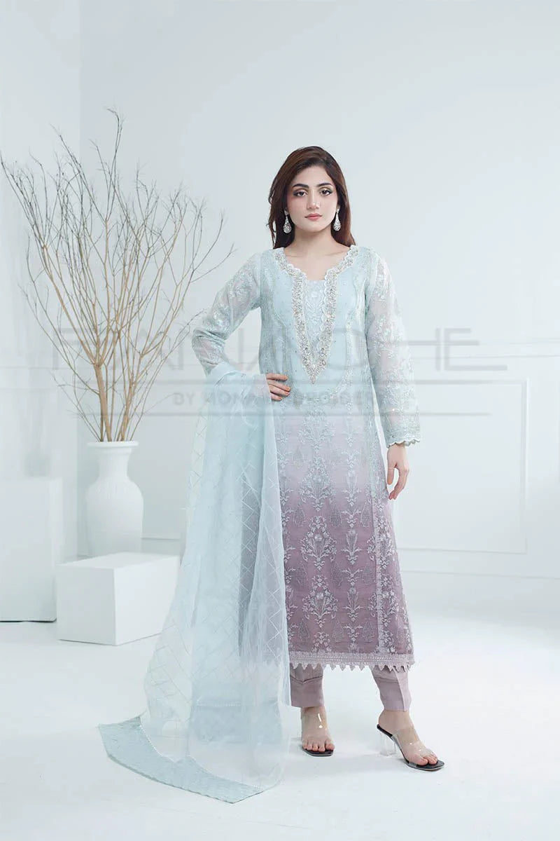 Panache - K-229 Frost And Blossom 3 Piece Embroidered Khaddi Net Suit