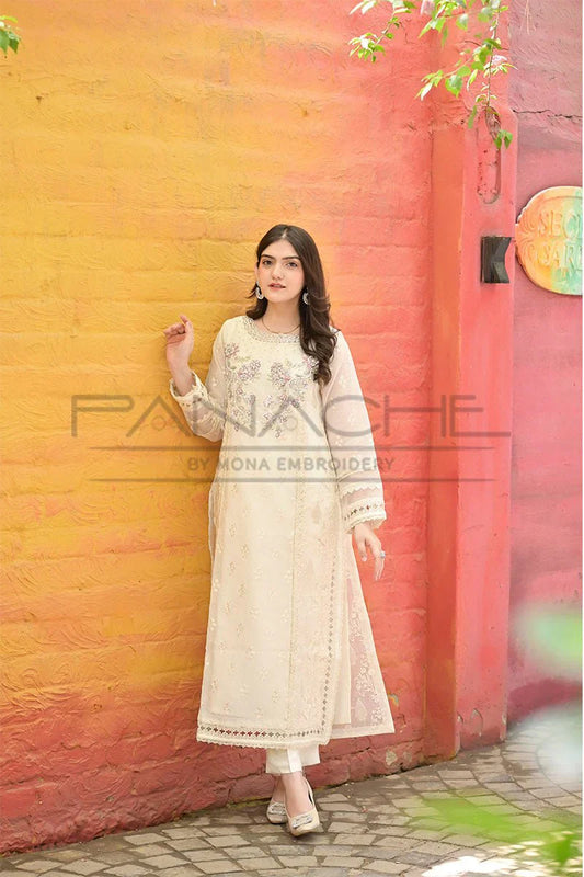 Panache - K-232 Off White 3 Piece Embroidered Khaddi Net Suit