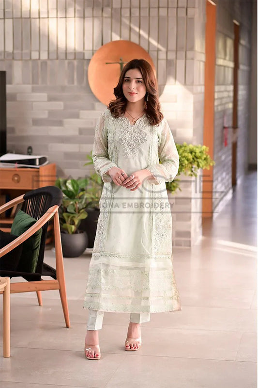 Panache - K-234 Mint Green 3 Piece Embroidered Khaddi Net Suit