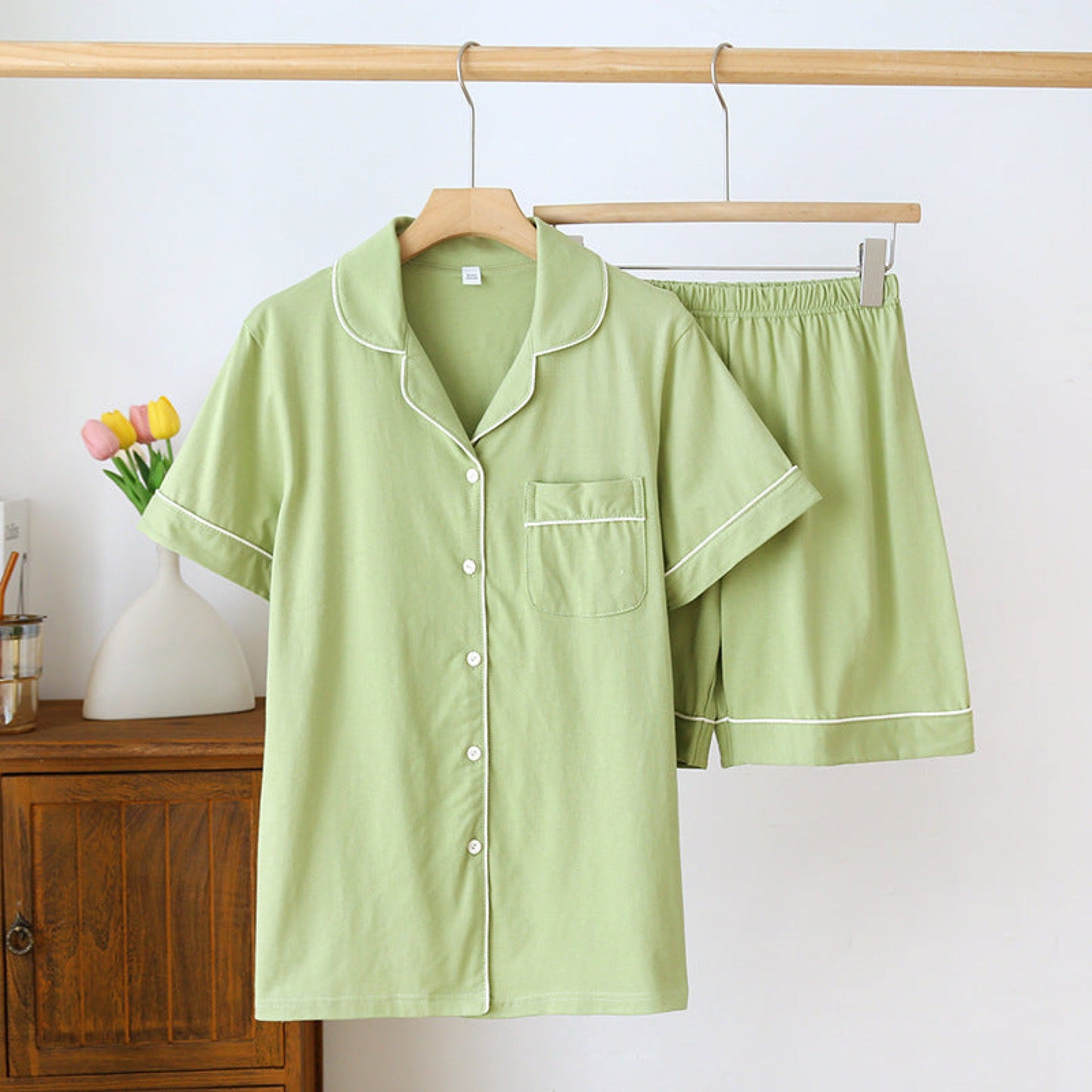 Key Lime Cotton Short Sleeves and Shorts Pajama Set / Yellow