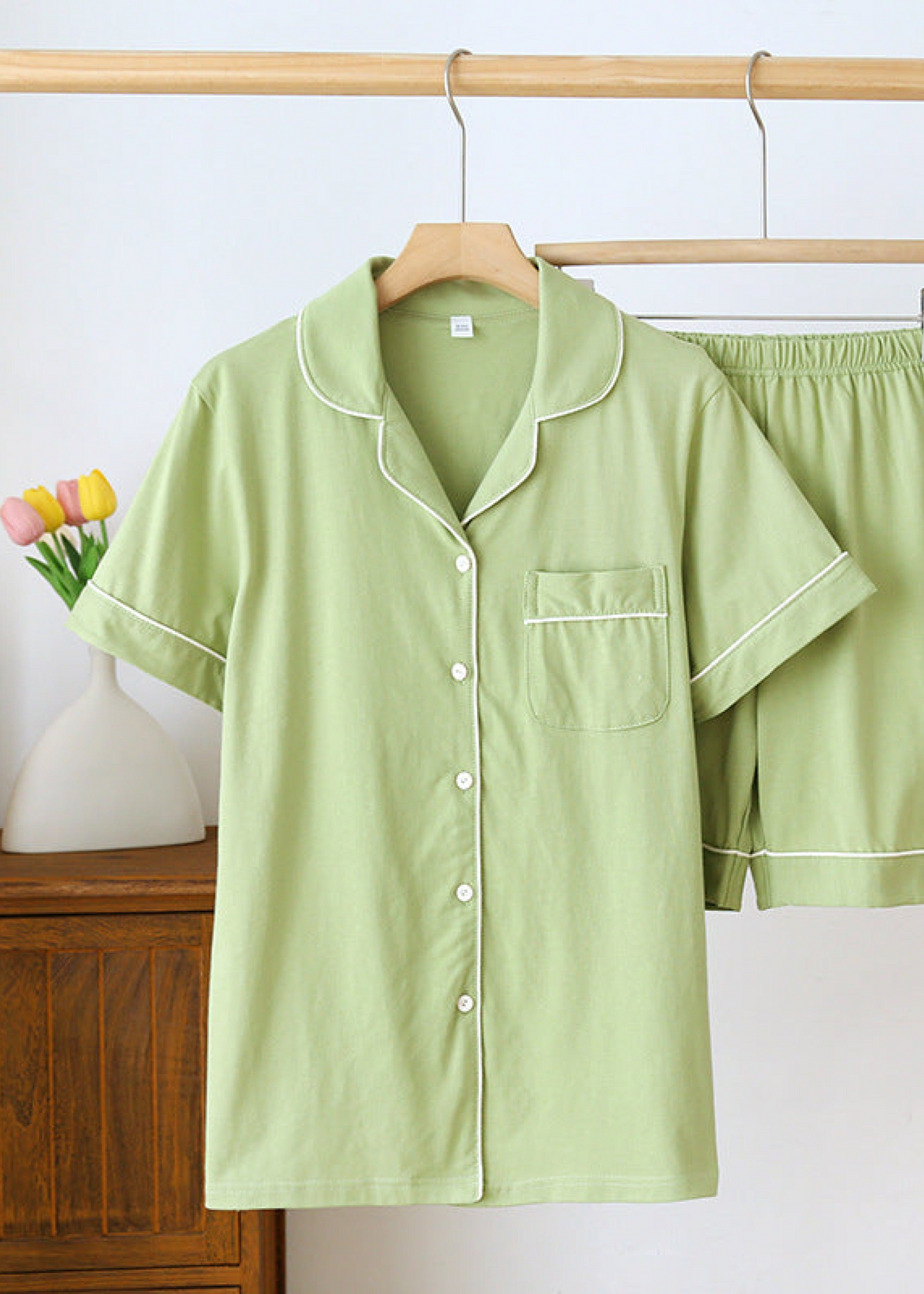 Key Lime Cotton Short Sleeves and Shorts Pajama Set / Yellow