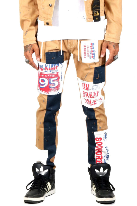 Antelope Men's graphic print patches with cut and sew cotton timber washed stretchable skinny twill pants - Concordia Style Boutique