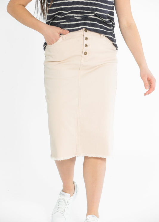 Kobe Raw Hem Denim Midi Skirt - Concordia Style Boutique