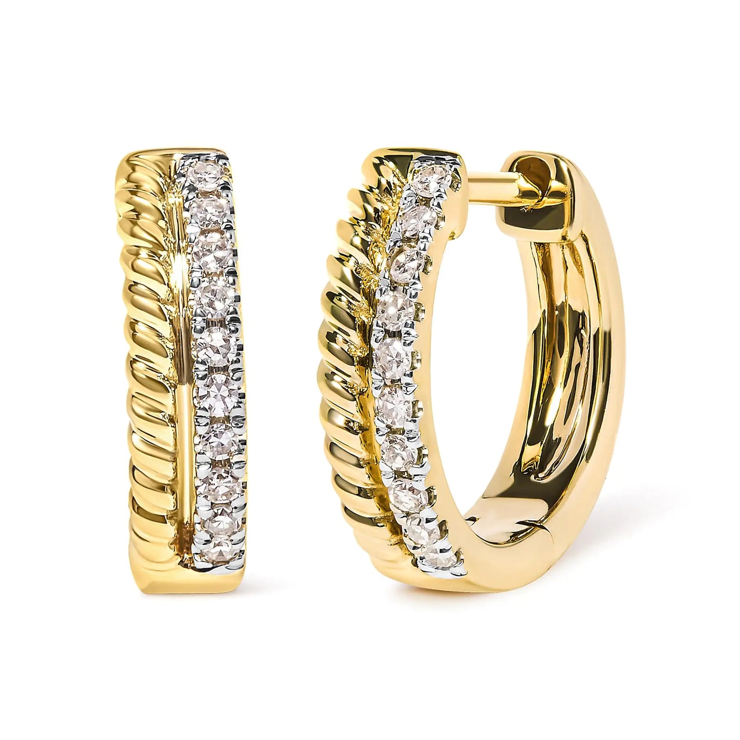 10K Yellow Gold 1/10 Cttw Diamond and Rope Twist Huggy Hoop Earrings (H-I Color, I1-I2 Clarity) - Concordia Style Boutique