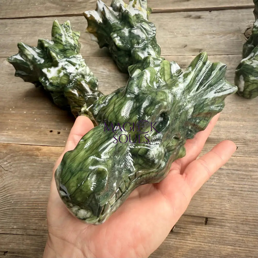 Large Serpentine Jade Dragon Head Crystal Carving