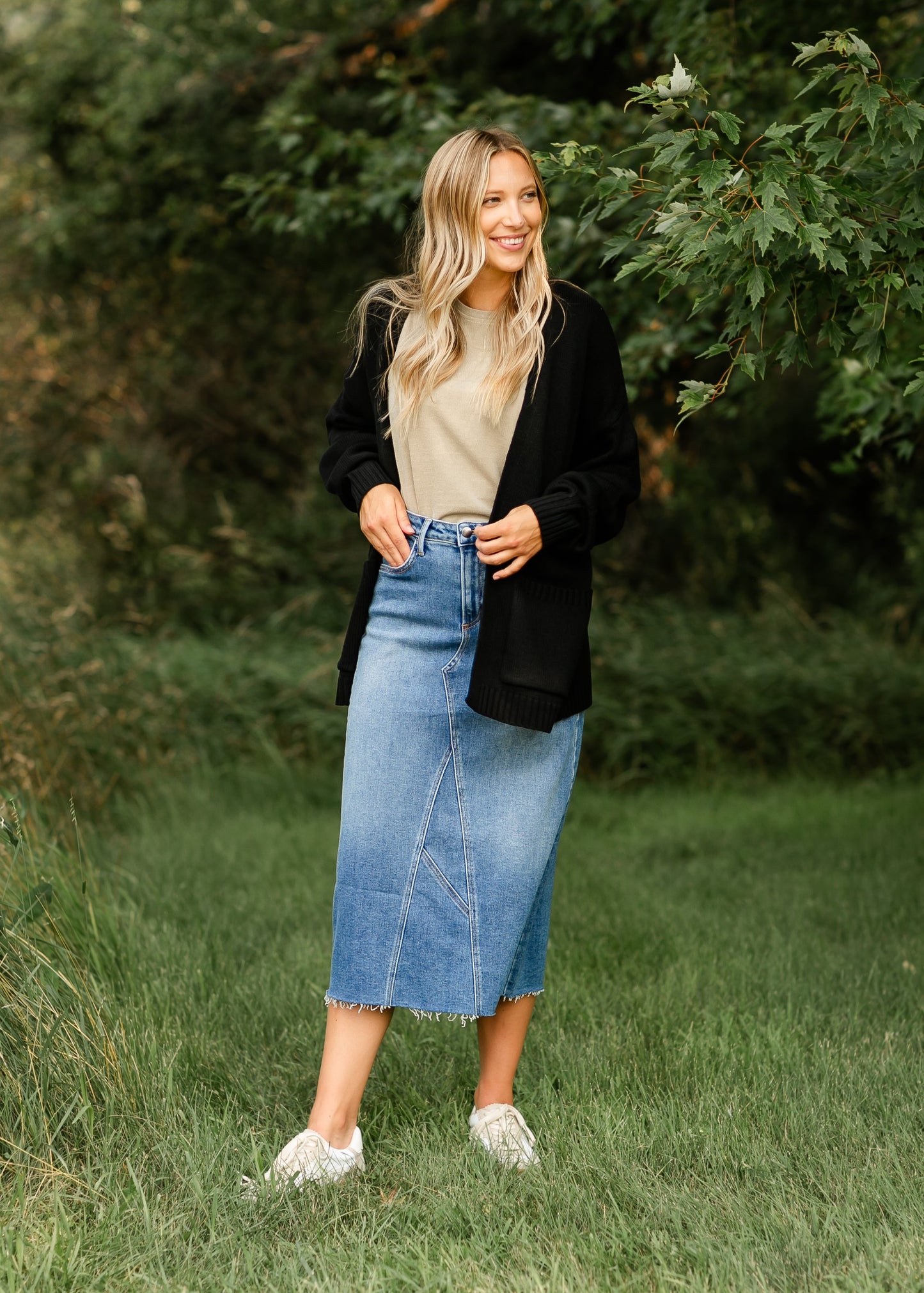 Lee A-Line Raw Hem Midi Skirt - Concordia Style Boutique