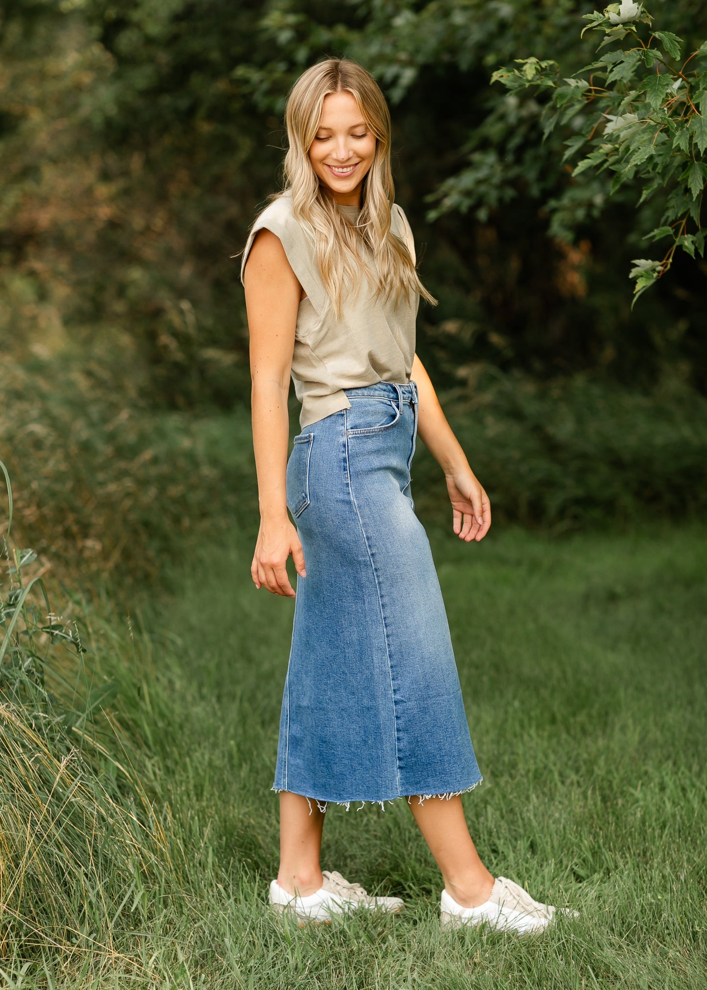 Lee A-Line Raw Hem Midi Skirt - Concordia Style Boutique