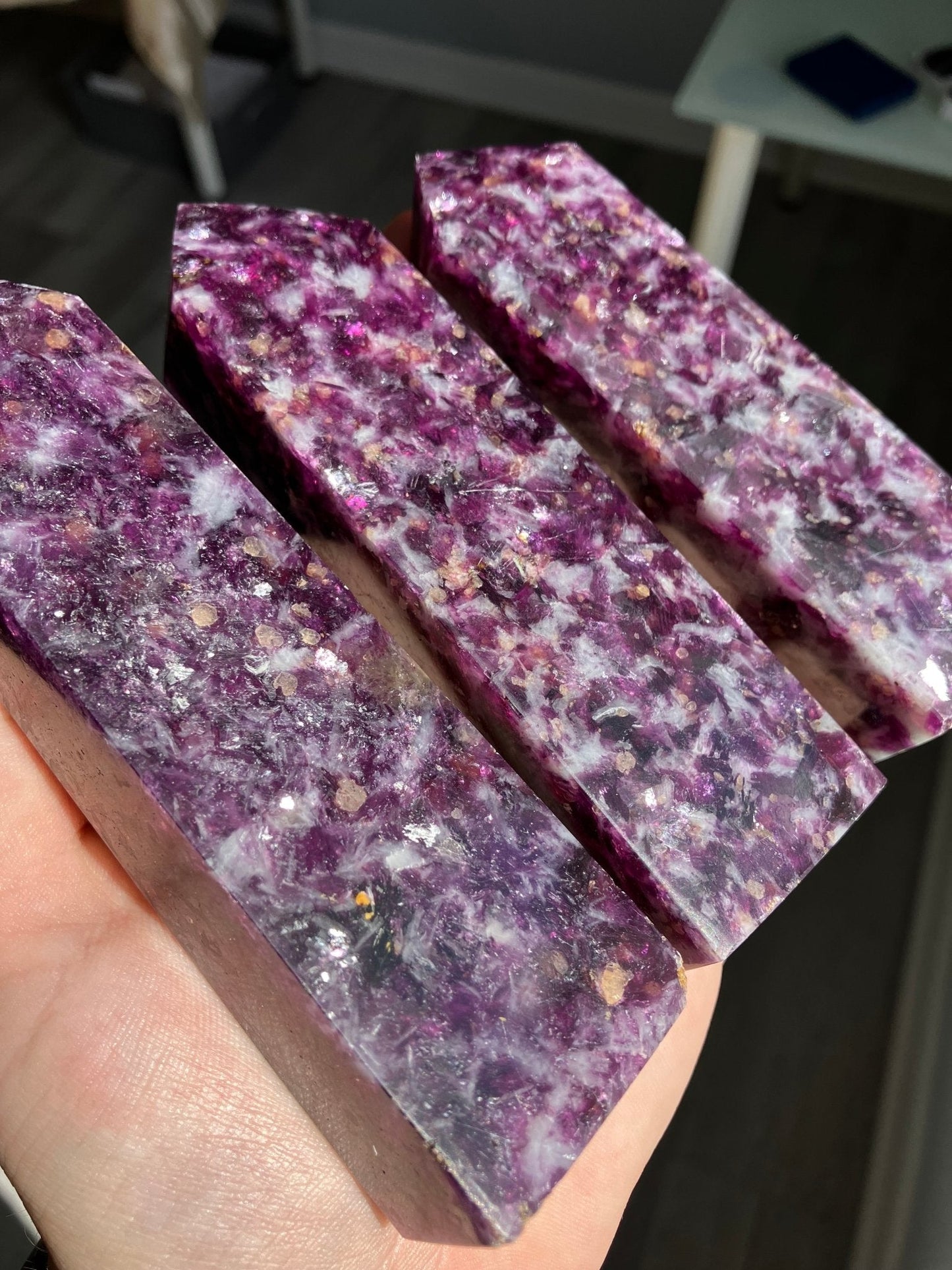 Lepidolite Tower – 4.5” to 5.5”, Mica Flash Polished Point