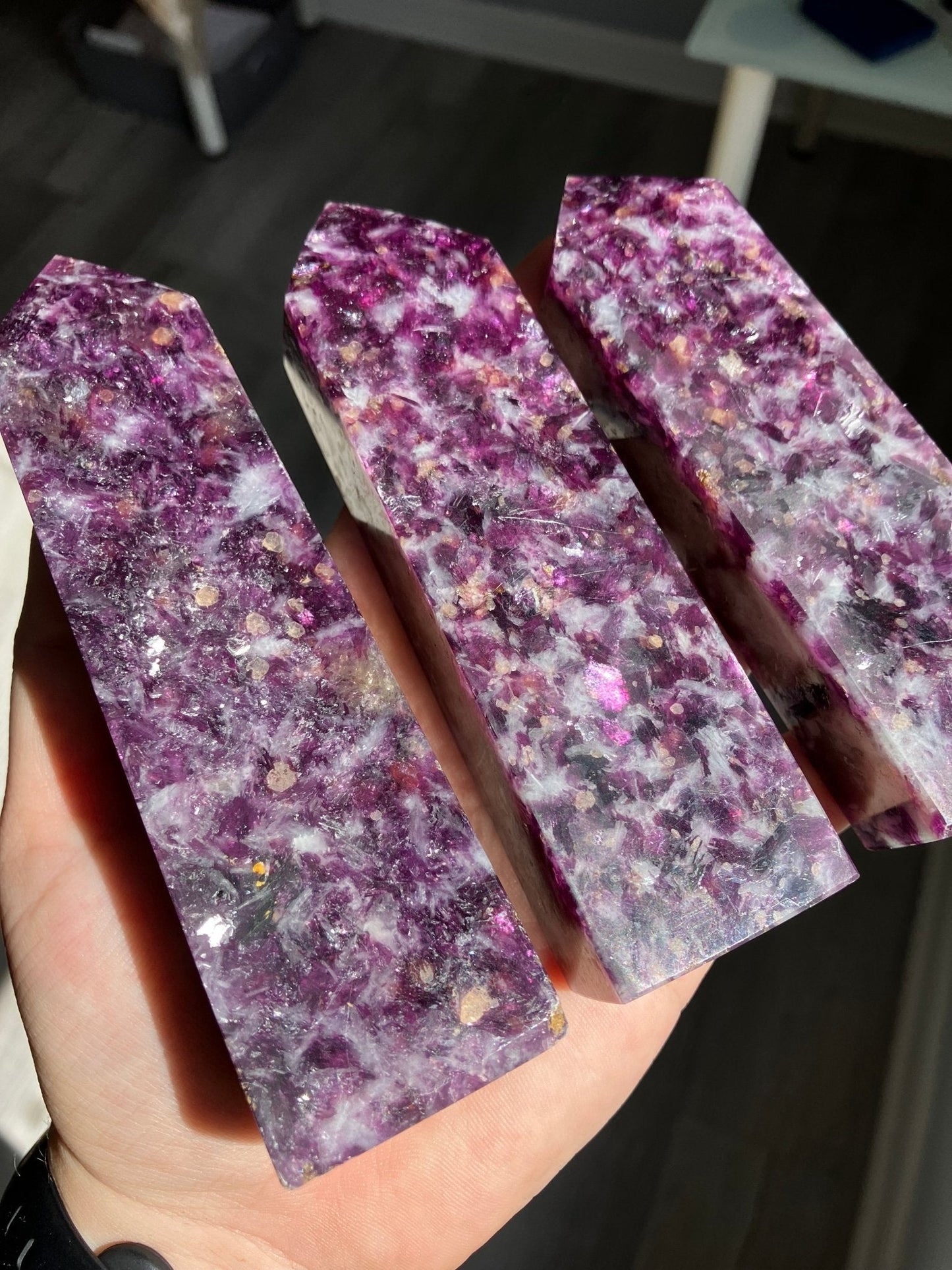 Lepidolite Tower – 4.5” to 5.5”, Mica Flash Polished Point