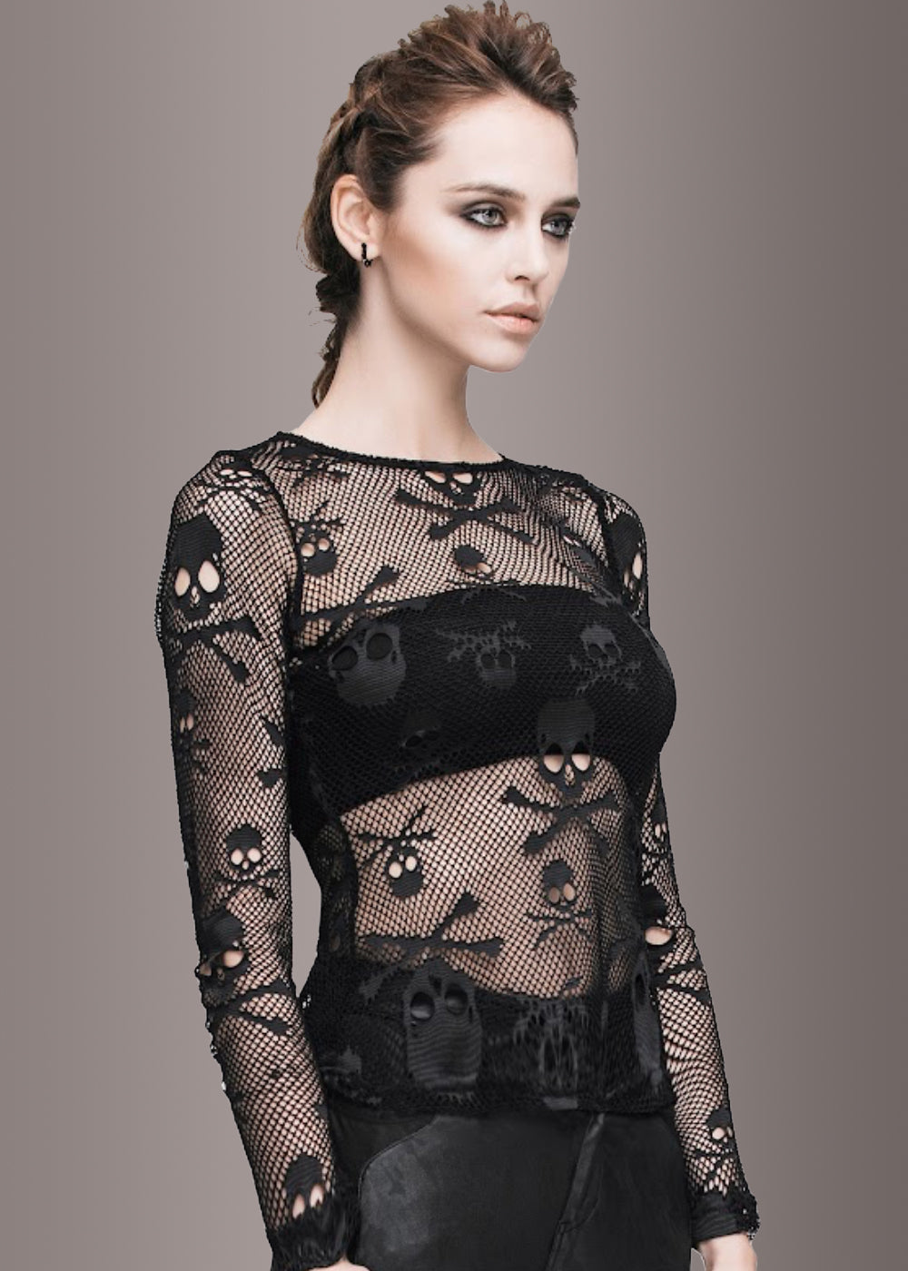 Sheer Long Sleeve Fishnet Top with Skull Design - Concordia Style Boutique