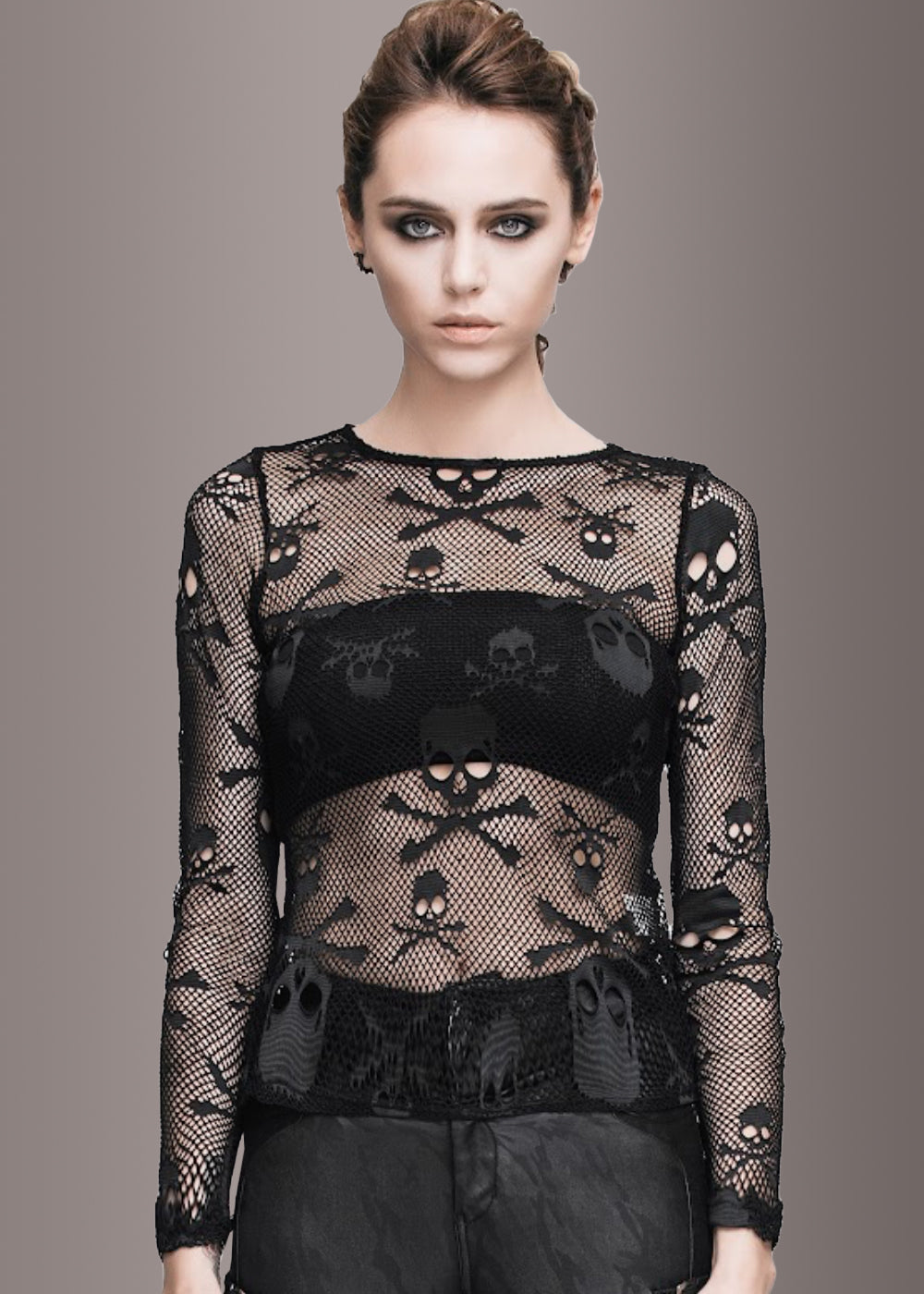 Sheer Long Sleeve Fishnet Top with Skull Design - Concordia Style Boutique