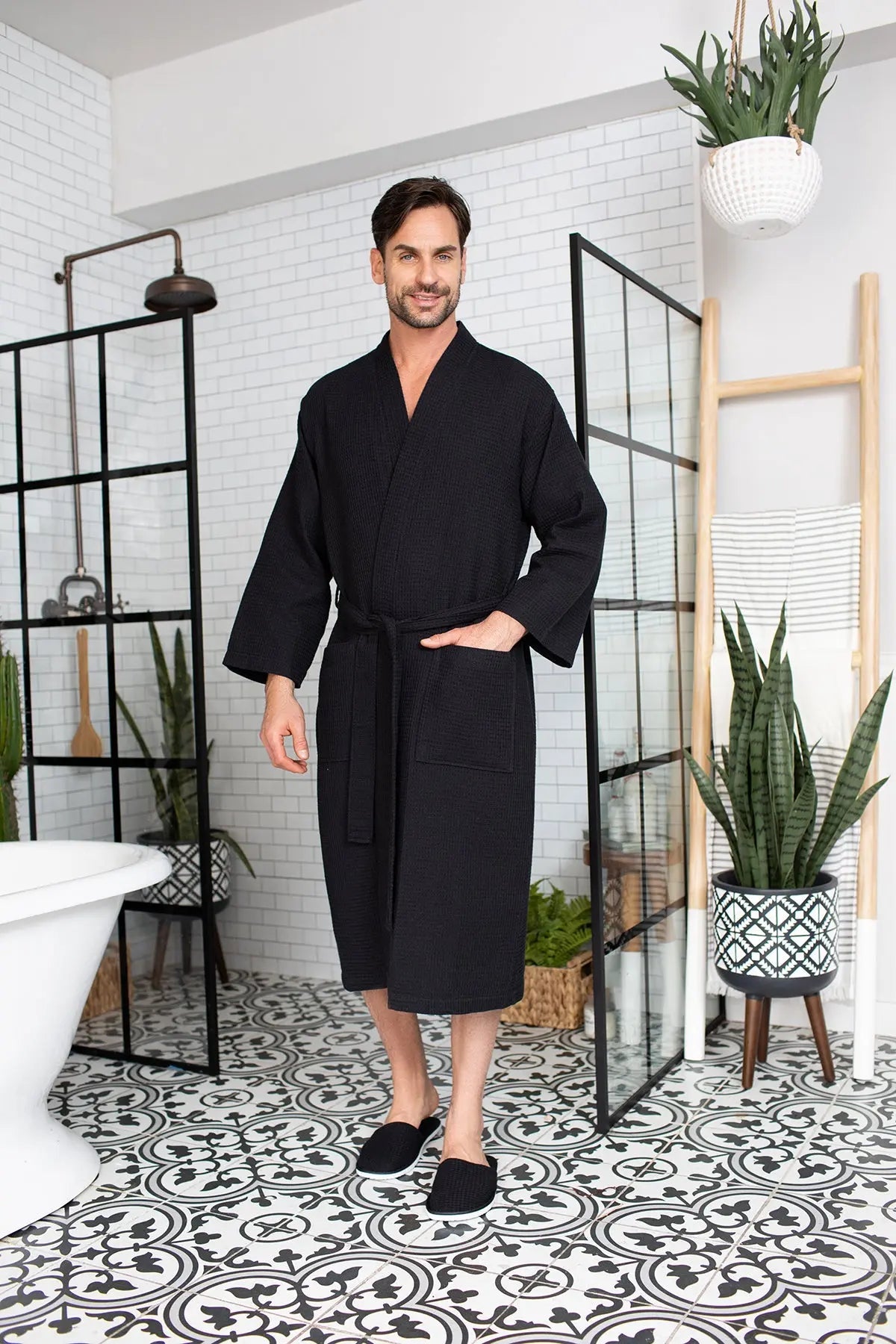 Waffle Kimono Spa Bathrobe for Men - Absorbent, Lightweight - Concordia Style Boutique