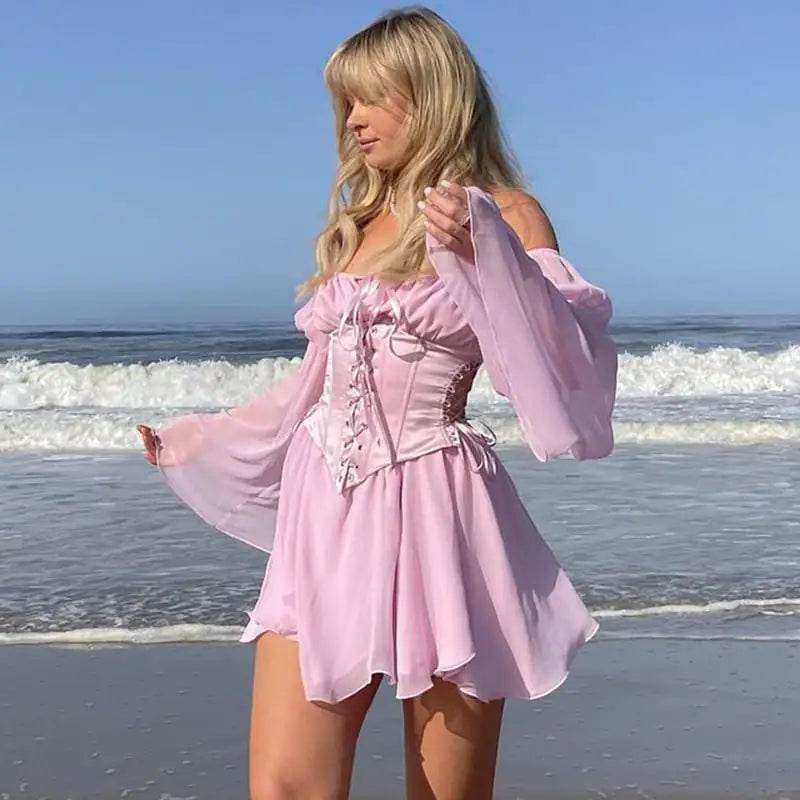 Pink Chiffon Summer Dress with Corset Detail - Concordia Style Boutique