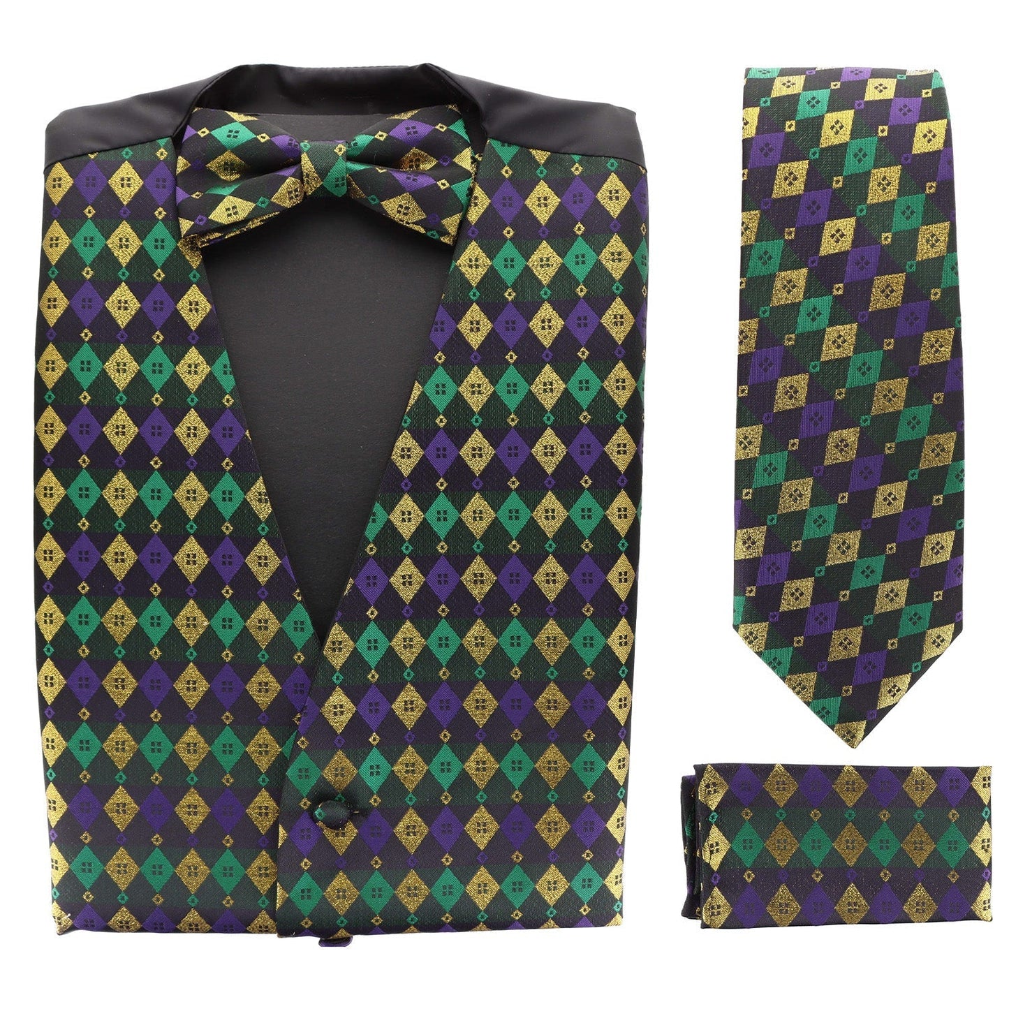 Vittorio Farina Men's Mardi Gras Satin Vest, Necktie, Bow Tie and Pocket Square Set