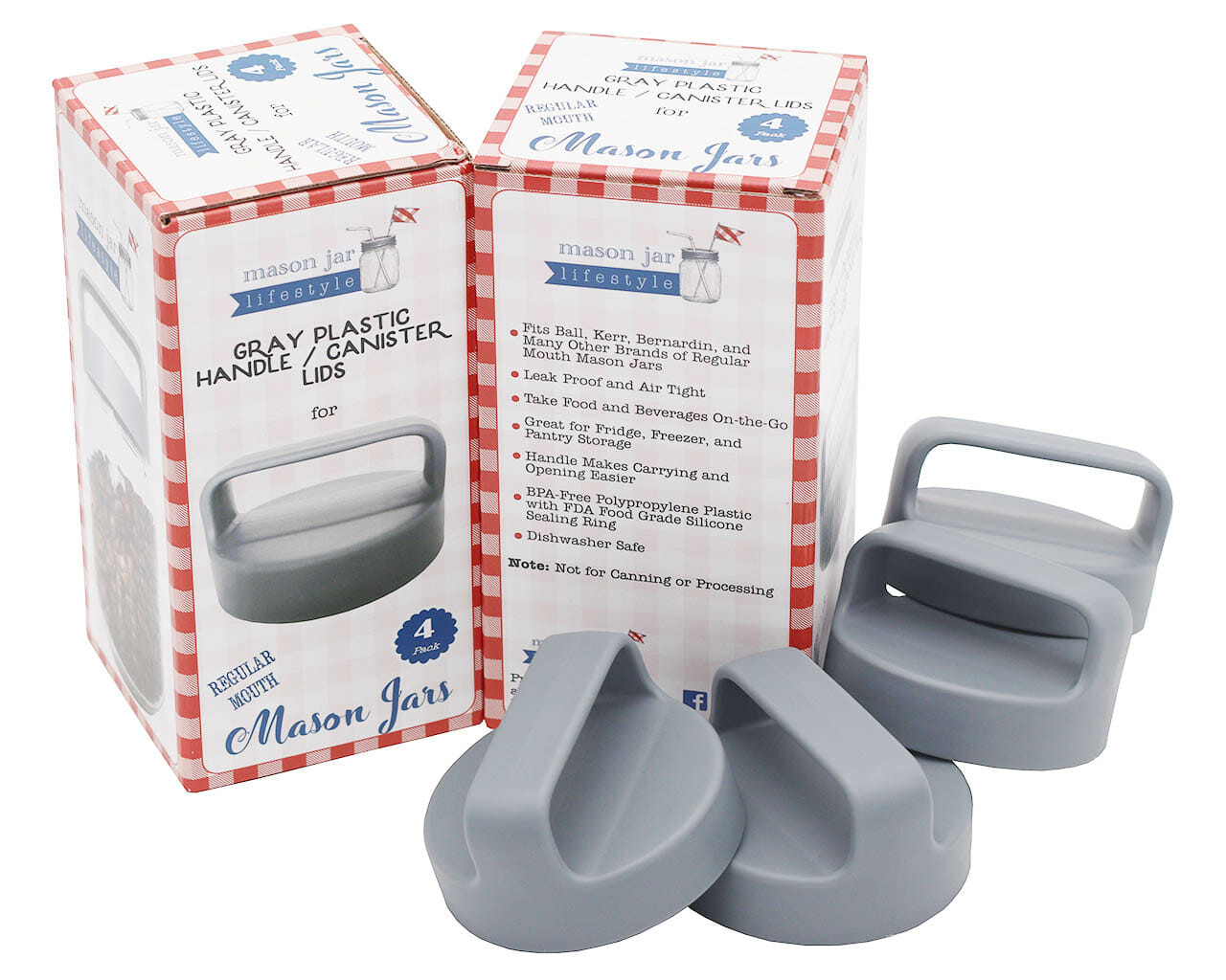 Gray Plastic Handle/Canister Lids for Regular Mouth Mason Jars 4 Pack - Concordia Style Boutique