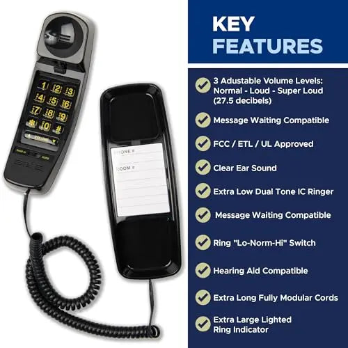 Med-Pat T-4 Trimline Telephone | Corded, Wall Mountable, Hearing Aid Compatible | Senior & Healthcare Phone