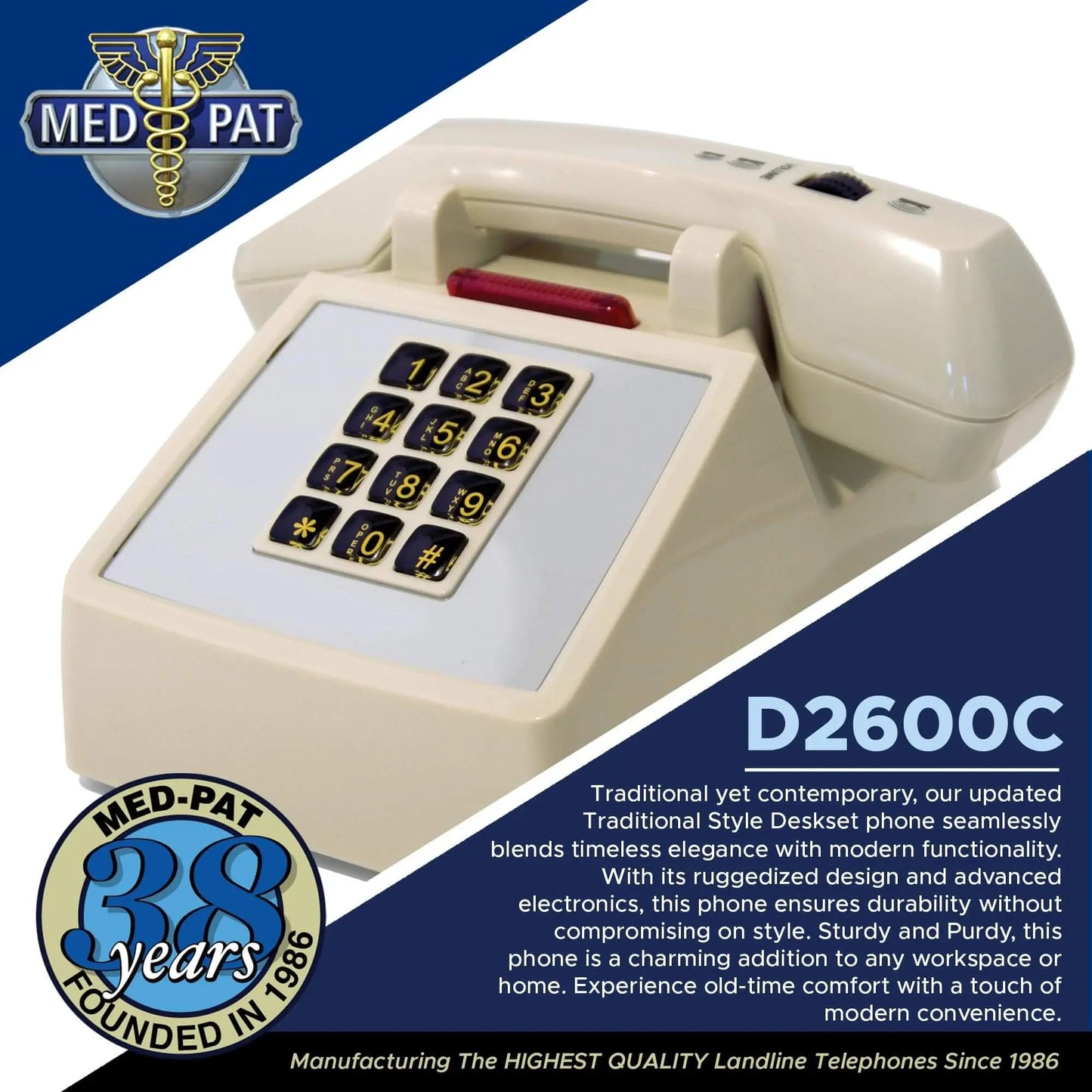 Med-Pat D2600C Retro Corded Desk Phone – Beige Analog Landline with Volume & Hearing Aid Support