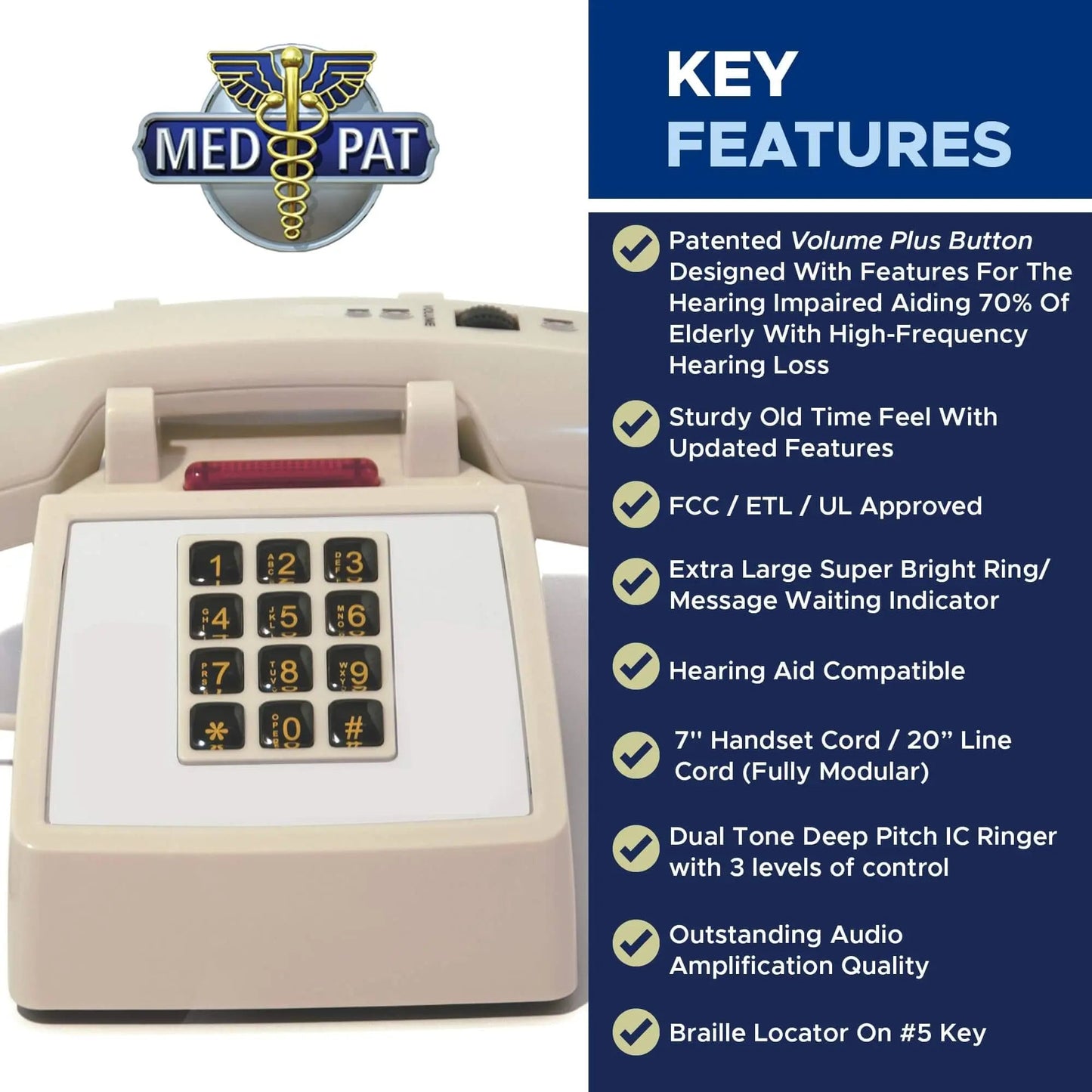 Med-Pat D2600C Retro Corded Desk Phone – Beige Analog Landline with Volume & Hearing Aid Support