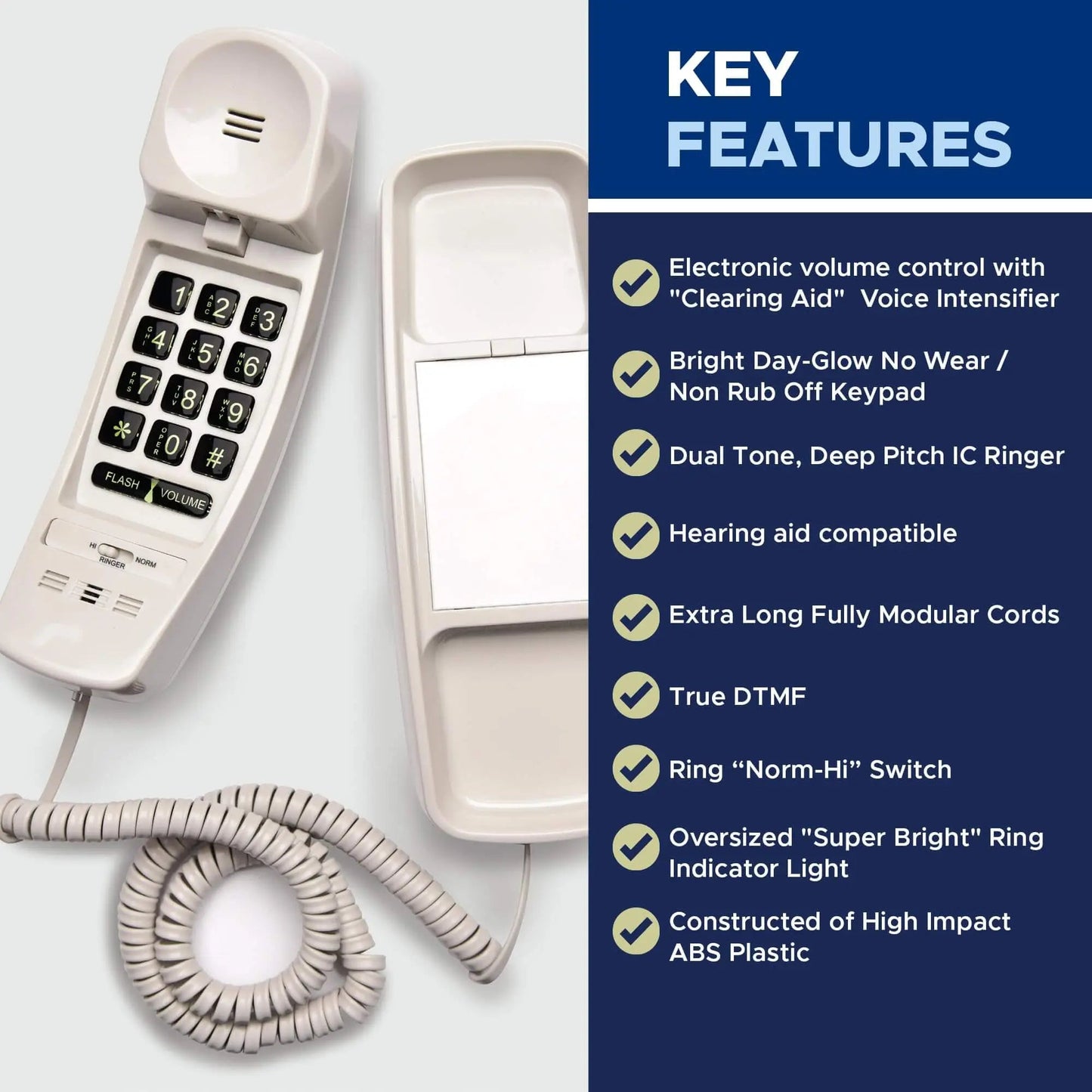 Med-Pat T1C Sleek Trimline Corded Telephone – Dove Gray | Wall-Mountable, Hearing Aid Compatible, Ring/In-Use Light