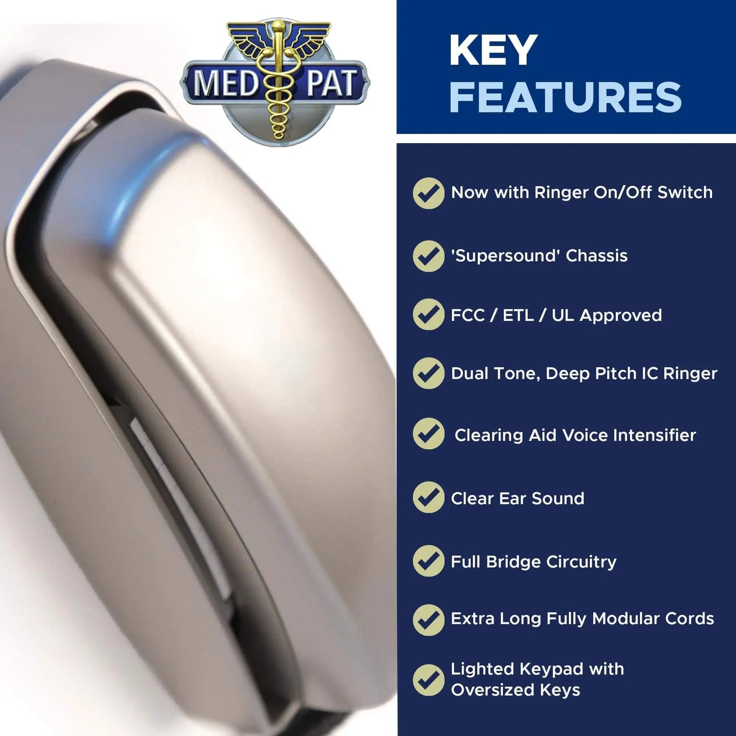 Med-Pat TL-460 Trimline Landline Phone – Wall Mount, Volume Boost, Lighted Ring for Seniors