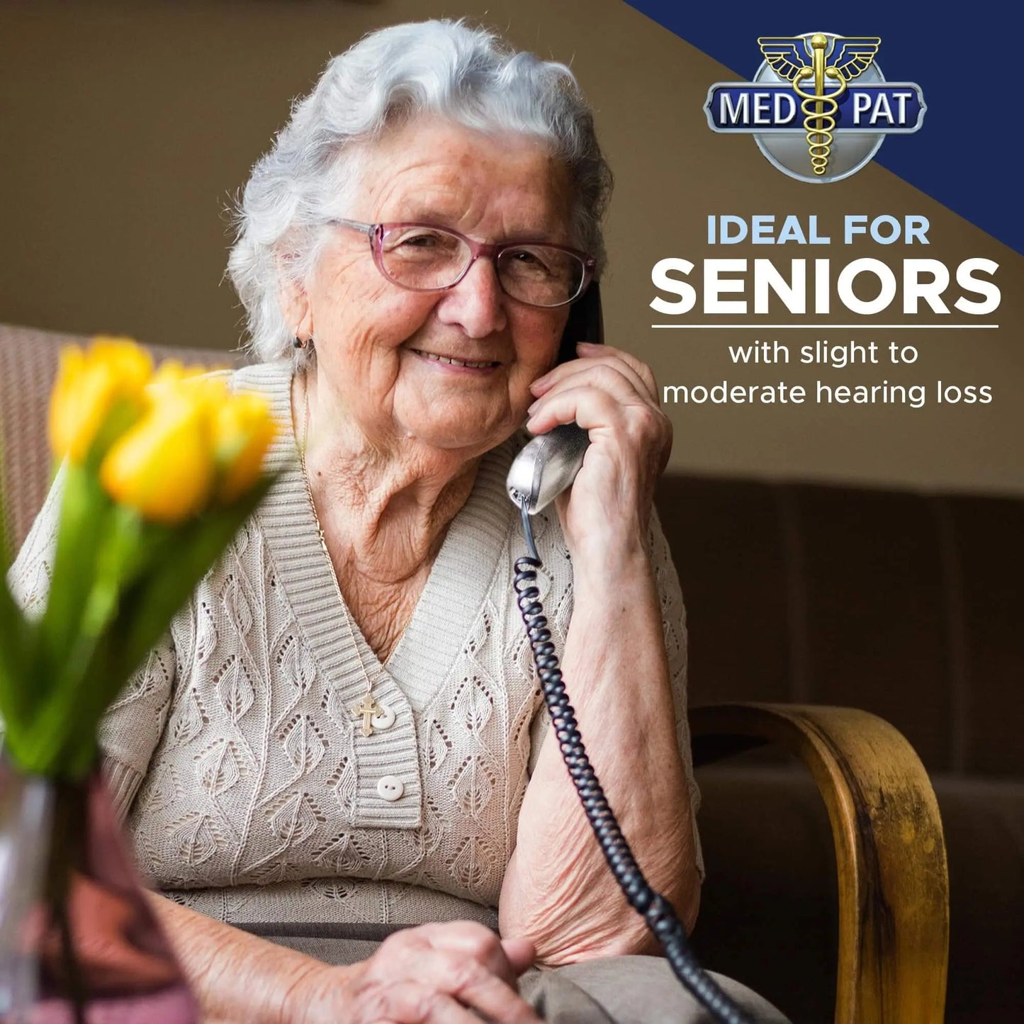 Med-Pat TL-460 Trimline Landline Phone – Wall Mount, Volume Boost, Lighted Ring for Seniors